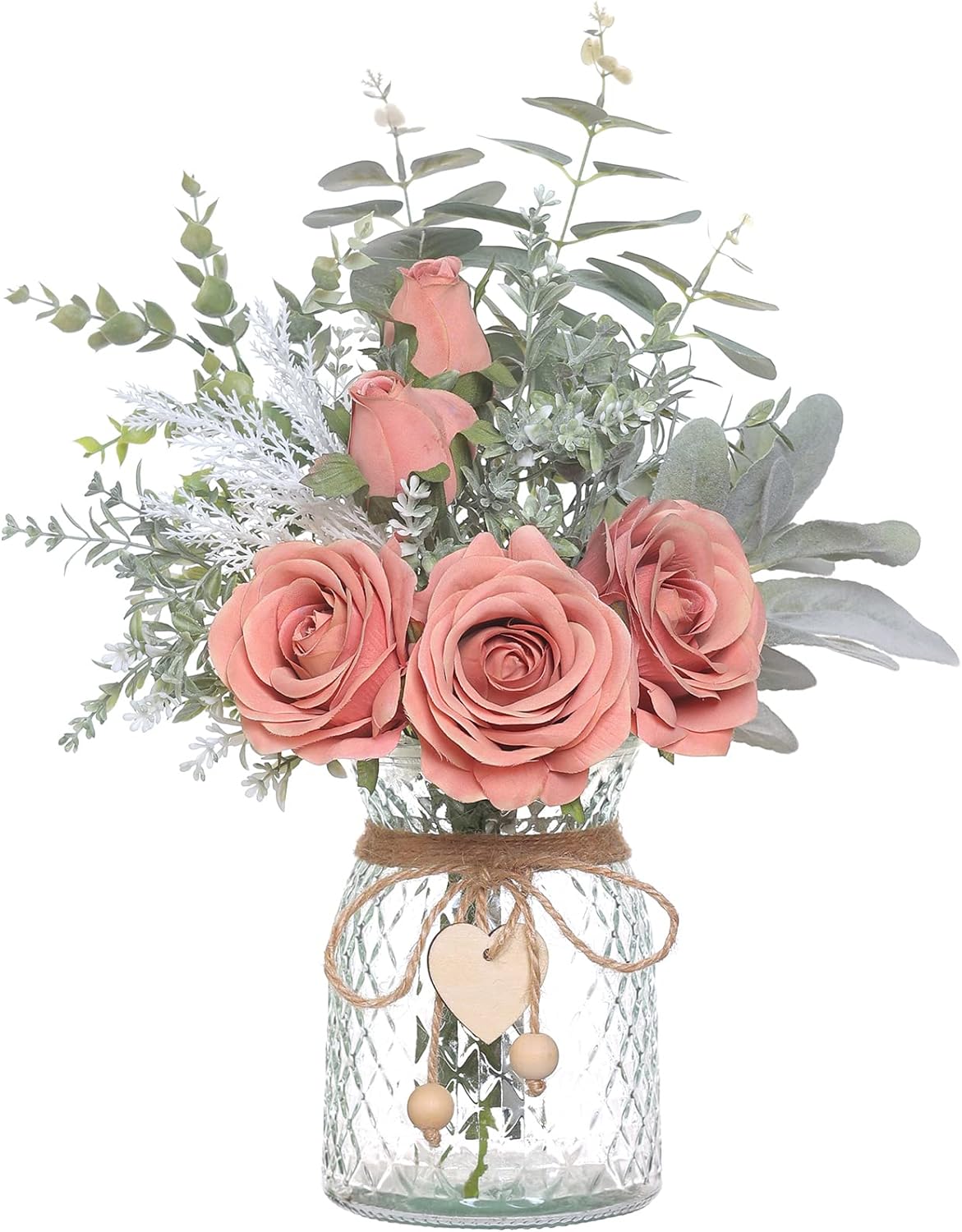 Faux Flowers with Vase,Artificial Silk Roses in Vase, Fake Plant Eucalyptus Flower Arrangement for Home Office Farmhouse Bathroom Dining Table Centerpiece Decorations Coffee Table Decor (Dusty Pink)