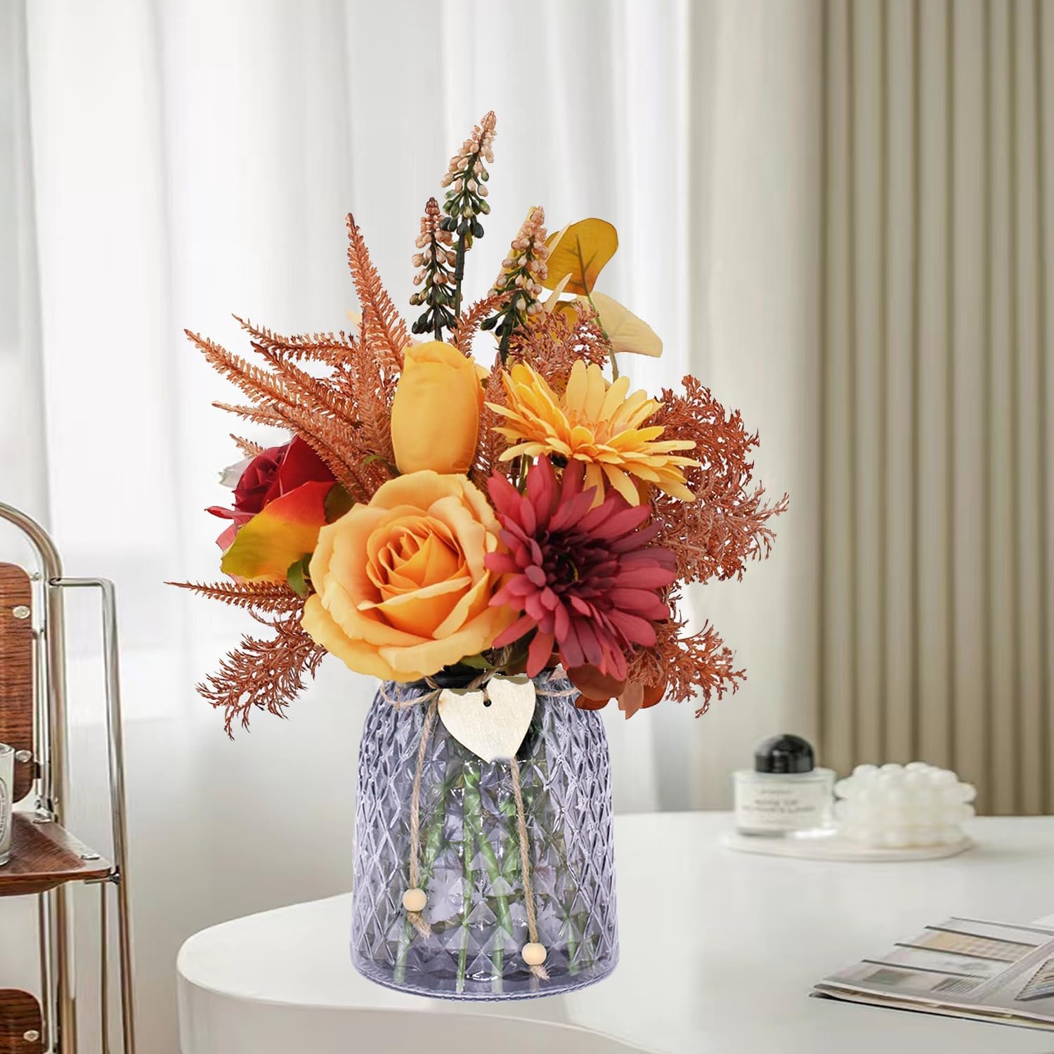 Faux Flowers in Vase - Hydrangea Fall Centerpieces for Tables Fake Flowers with Vase Dining Table Decor, Fake Roses Chrysanthemum Fall Flowers Artificial for Decoration