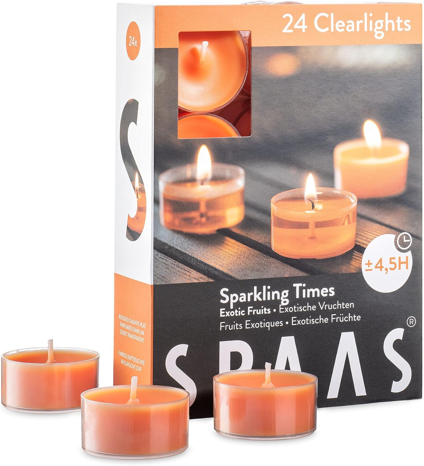 SPAAS Scented Tea Lights Candles in Clear Cups - Exotic Fruits Fragrance | Premium Long Burning Scented Tealight Candles for Spa, Romantic Dcor, Meditation, Dinner, and Home Dcor | Pack of 24