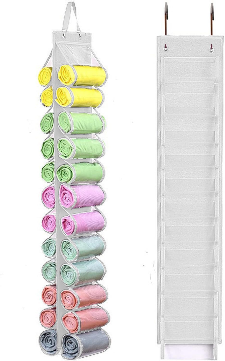 Legging Storage Bag Storage Hanger Can Holds 24 Leggings or Shirts Jeans Compartment Storage Hanger, Foldable Leggings Organizer Clothes Portable Closets Roll Holder (White)