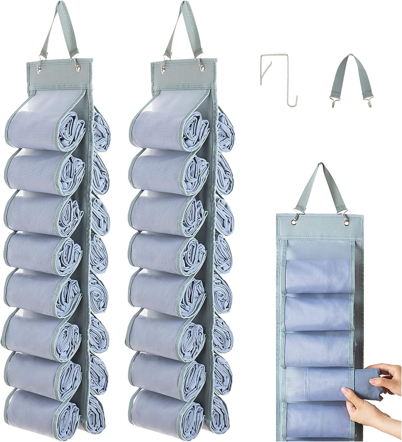 Legging Organizer Storage - 2PCS T Shirt Organizer, Hanging Closet Organizers and Storage with 16 Roll Independent Compartments for Yoga Pants, Towel, Bathing Suit (Grey)