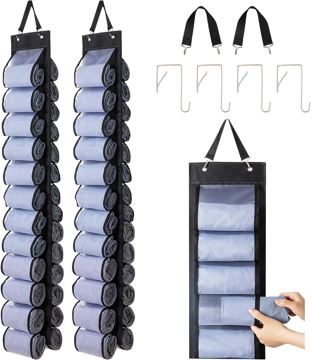 Legging Organizer Storage - 2PCS T Shirt Organizer, Hanging Closet Organizers and Storage with 26 Roll Independent Compartments for Yoga Pants, Towel, Bathing Suit (Black)