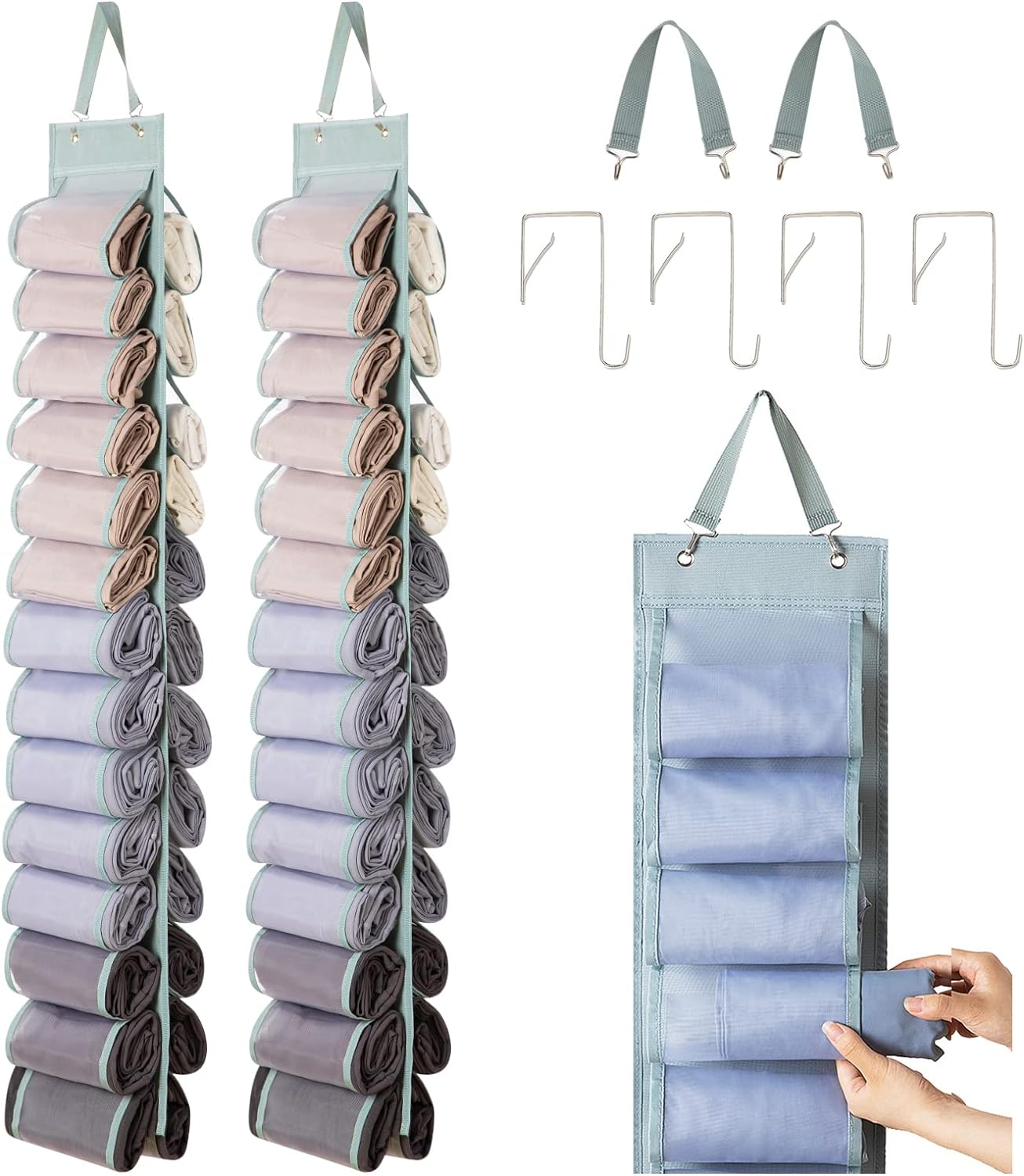 Legging Organizer Storage - 2PCS T Shirt Organizer, Hanging Closet Organizers and Storage with 26 Roll Independent Compartments for Yoga Pants, Towel, Bathing Suit (Grey)