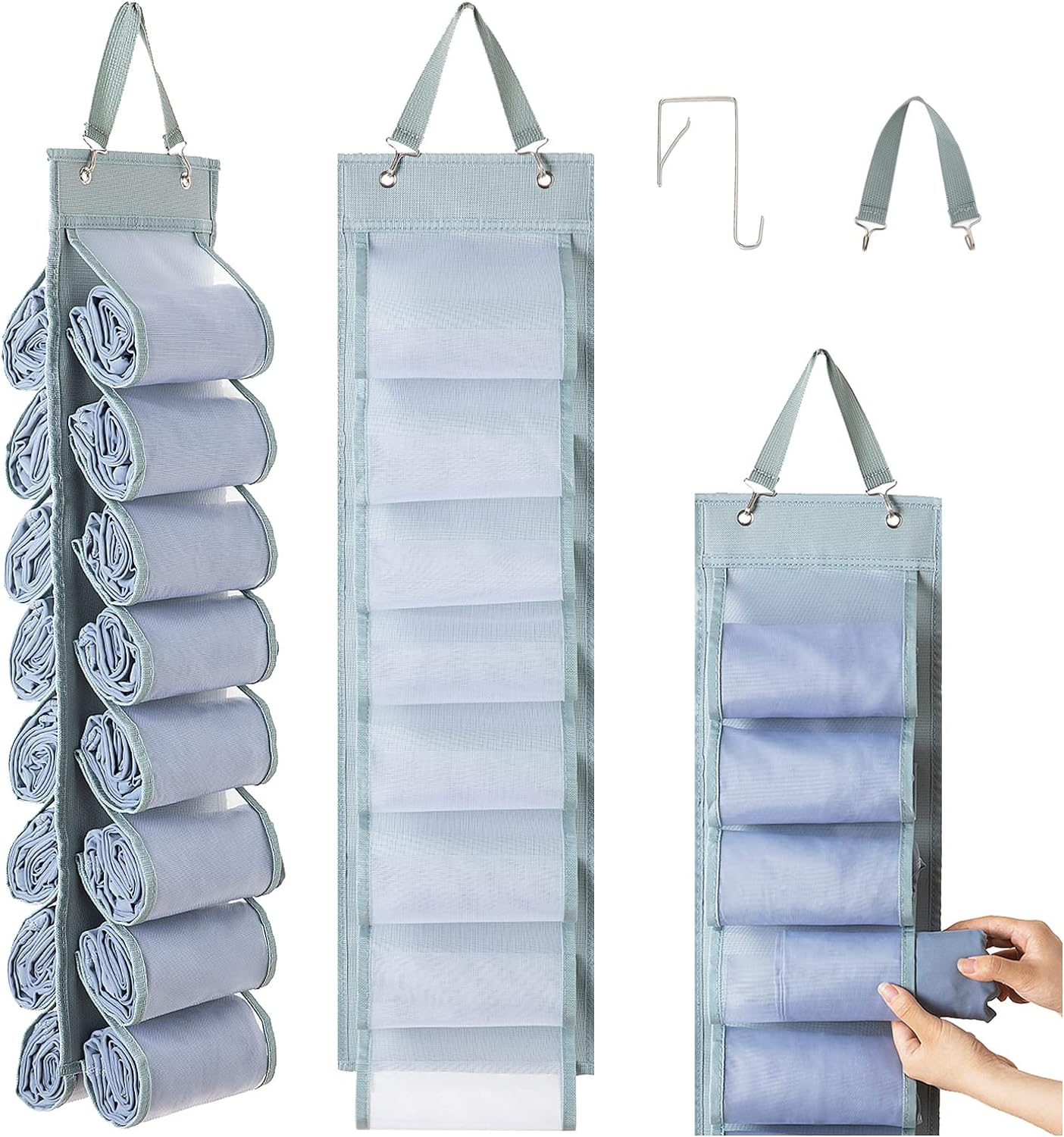 Legging Organizer Storage, T-Shirt Organizer, Hanging Closet Organizer, Hanging Clothes Organizer with 16 Roll Compartments for Yoga Pants, Tank Top, Towel, Underwear, Shirt (Grey)