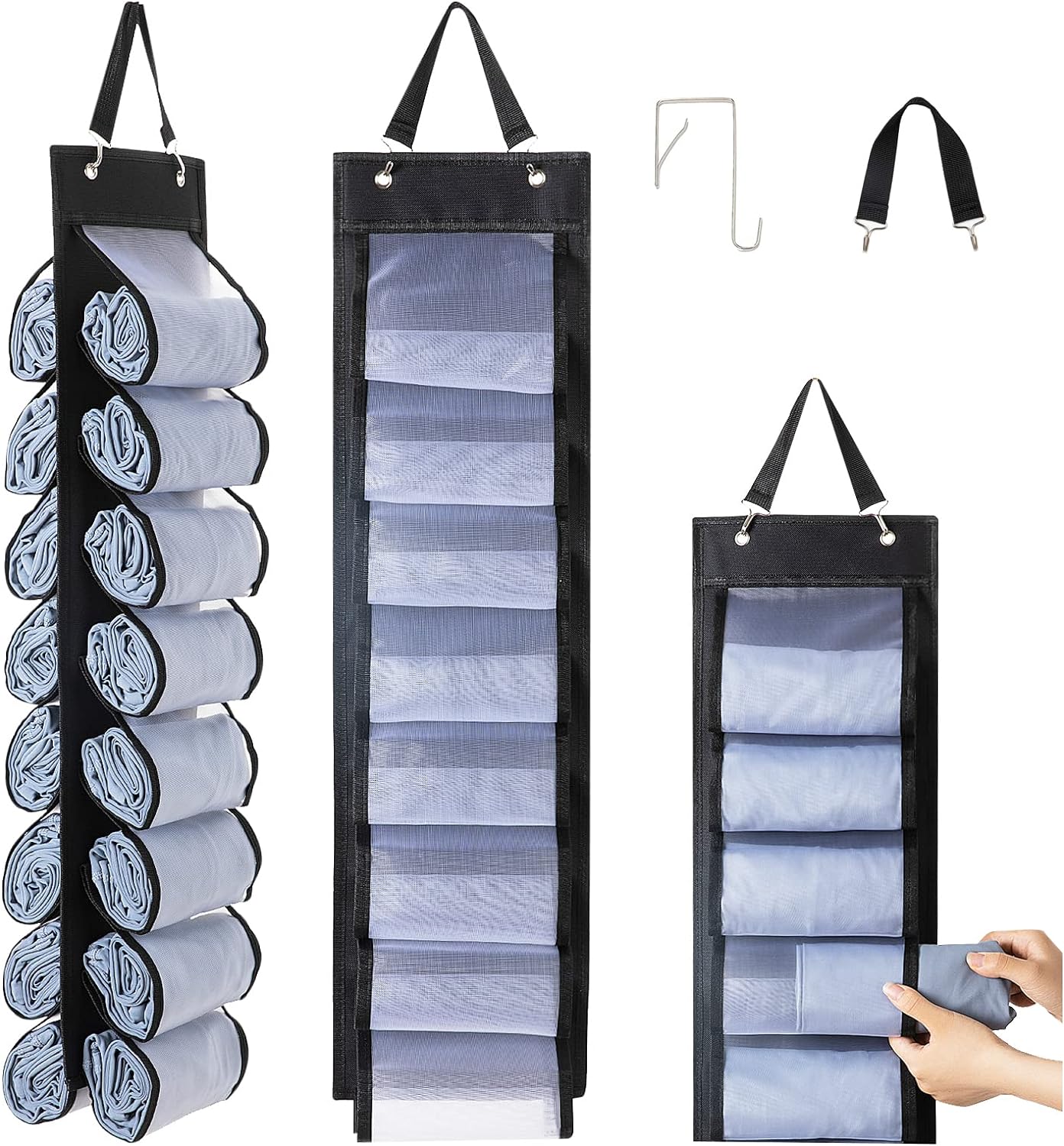 Legging Organizer Storage - 2PCS T Shirt Organizer, Hanging Closet Organizers and Storage with 16 Roll Independent Compartments for Yoga Pants, Towel, Bathing Suit (Black)