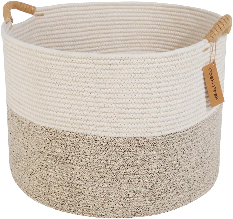 68L Large Woven Laundry Hamper 20x14,Brown and White Woven Cotton Rope Storage Basket, Tan Jute Handles Cotton Linen Baby Nursery Basket, Toys and Clothes for Bedroom and Living Room