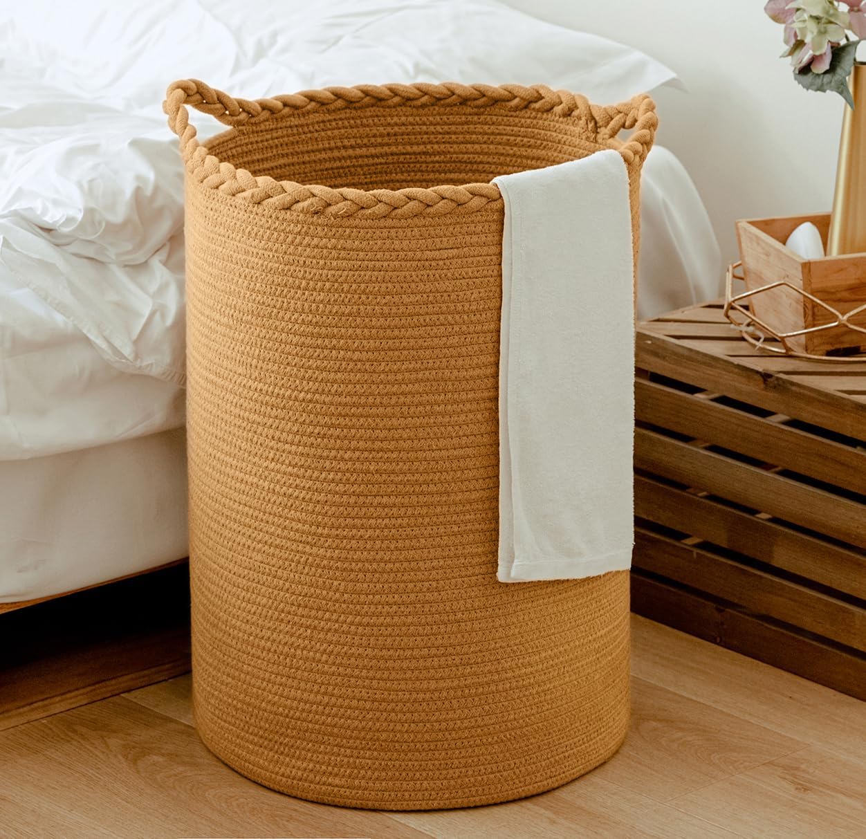 58L Cotton Woven Laundry Hamper,Foldable Laundry Basket for Blankets,Pillows,Toys,Shoes Tall CLothes Hamper Laundry Bin Light Brown 20''H 15''D