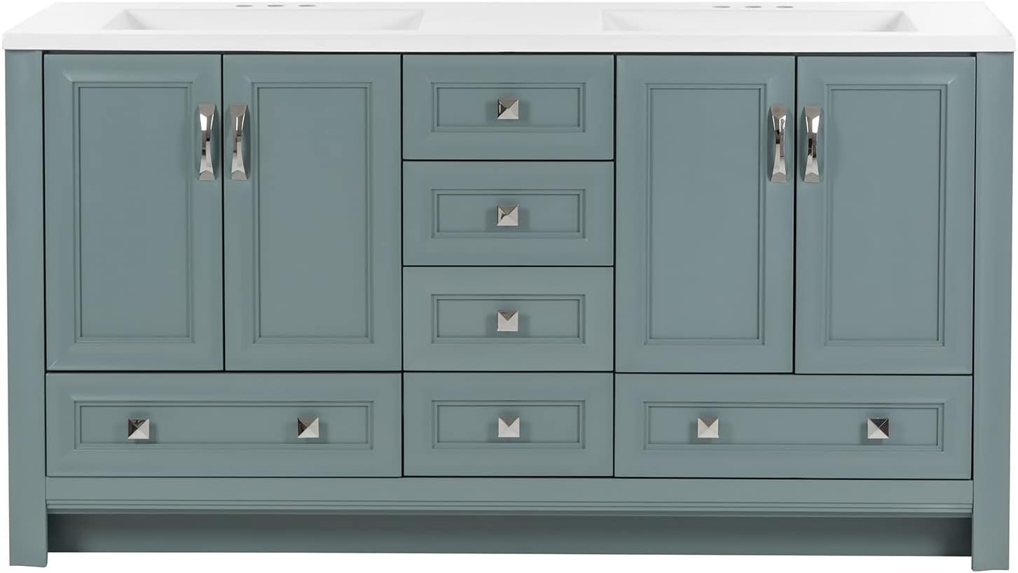Spring Mill Nimay Double Bathroom Vanity with 2 Cabinets, 6 Drawers, and White Countertop with 2 Sinks, 60, Sage