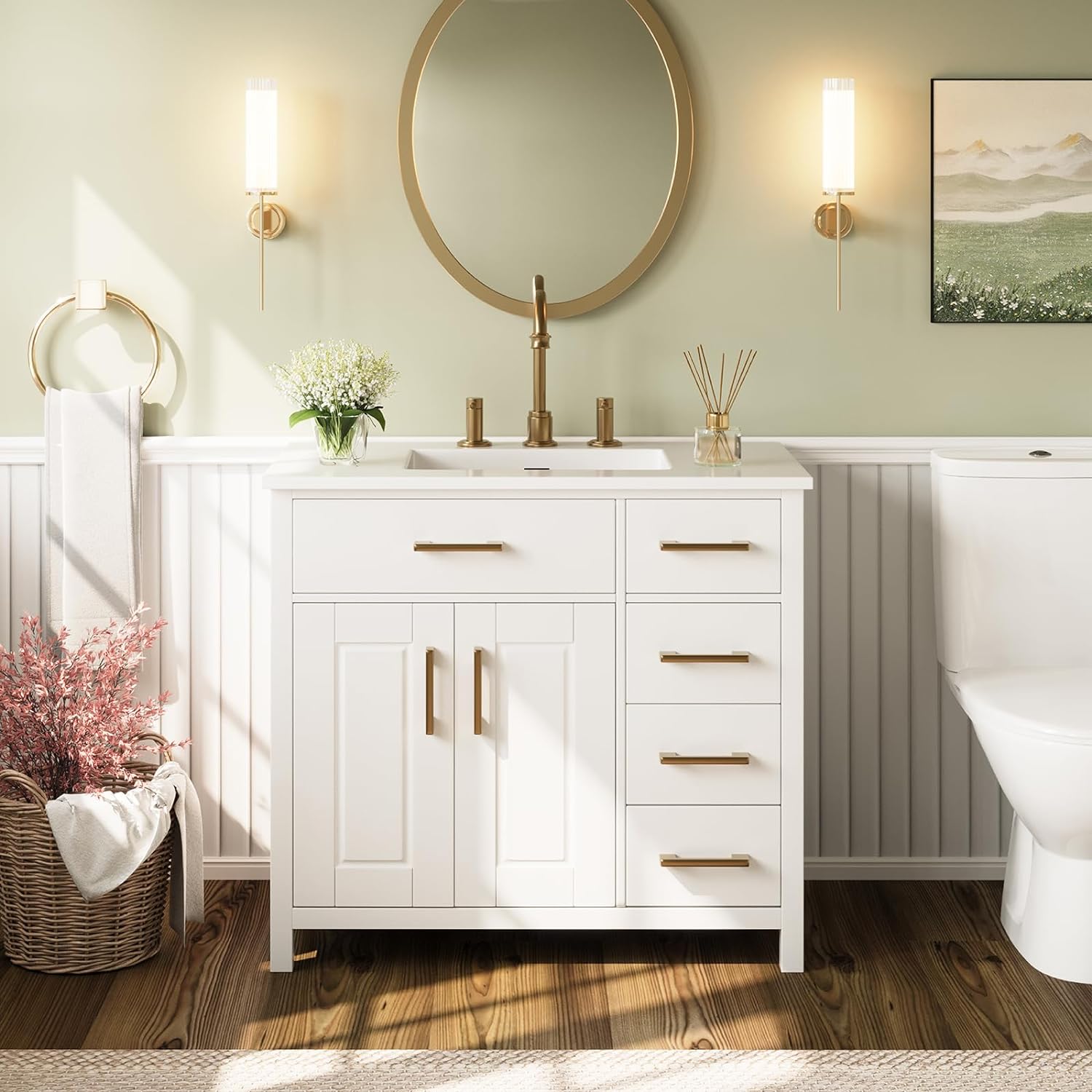 36 Bathroom Vanity with Sink Combo, Modern Undermount Small Single Bathroom Cabinet Set, Includes 37 Countertop & Integrated Sink, Soft Closing Doors, Bathroom Dresser White