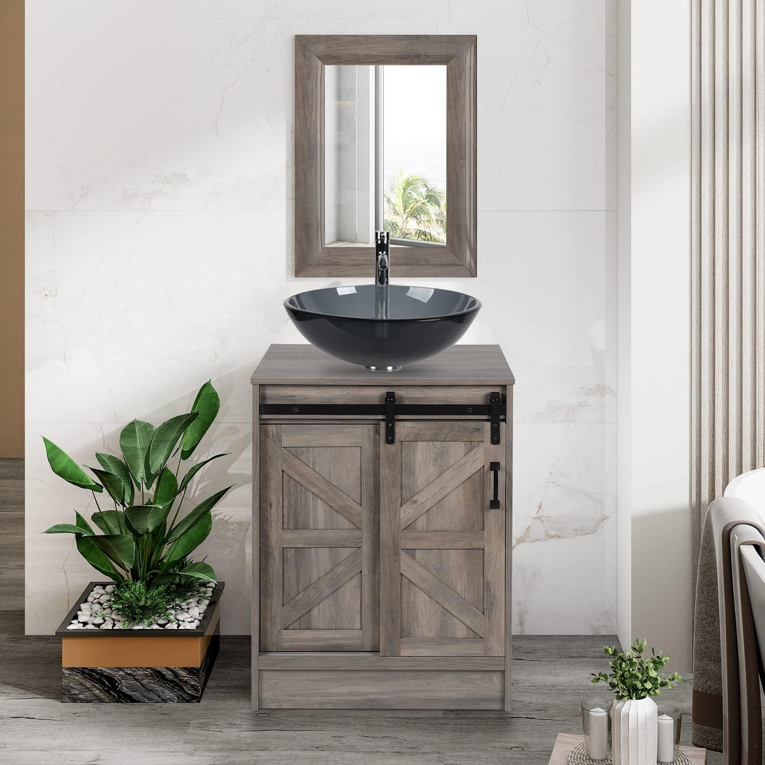 Puluomis Bathroom Vanity, 24 inch Barn Door Modern Wood Fixture Stand Bathroom Cabinet with Bathroom Grey Glass Vessel Sink Top