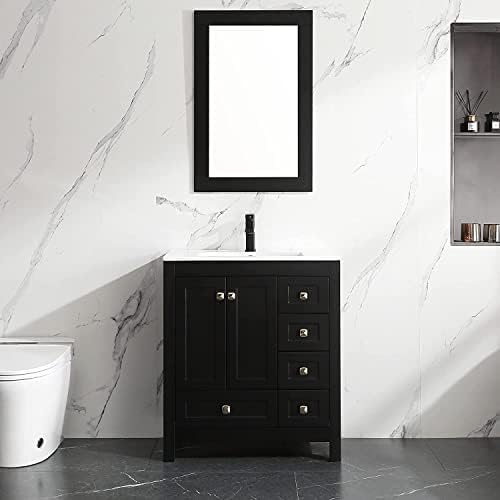 LUCKWIND 30 Bathroom Vanity with Sink, Modern Painted Bathroom Storage Cabinet with Ceramic Basin Sink Top, Faucet, Mirror and Drawers, Black