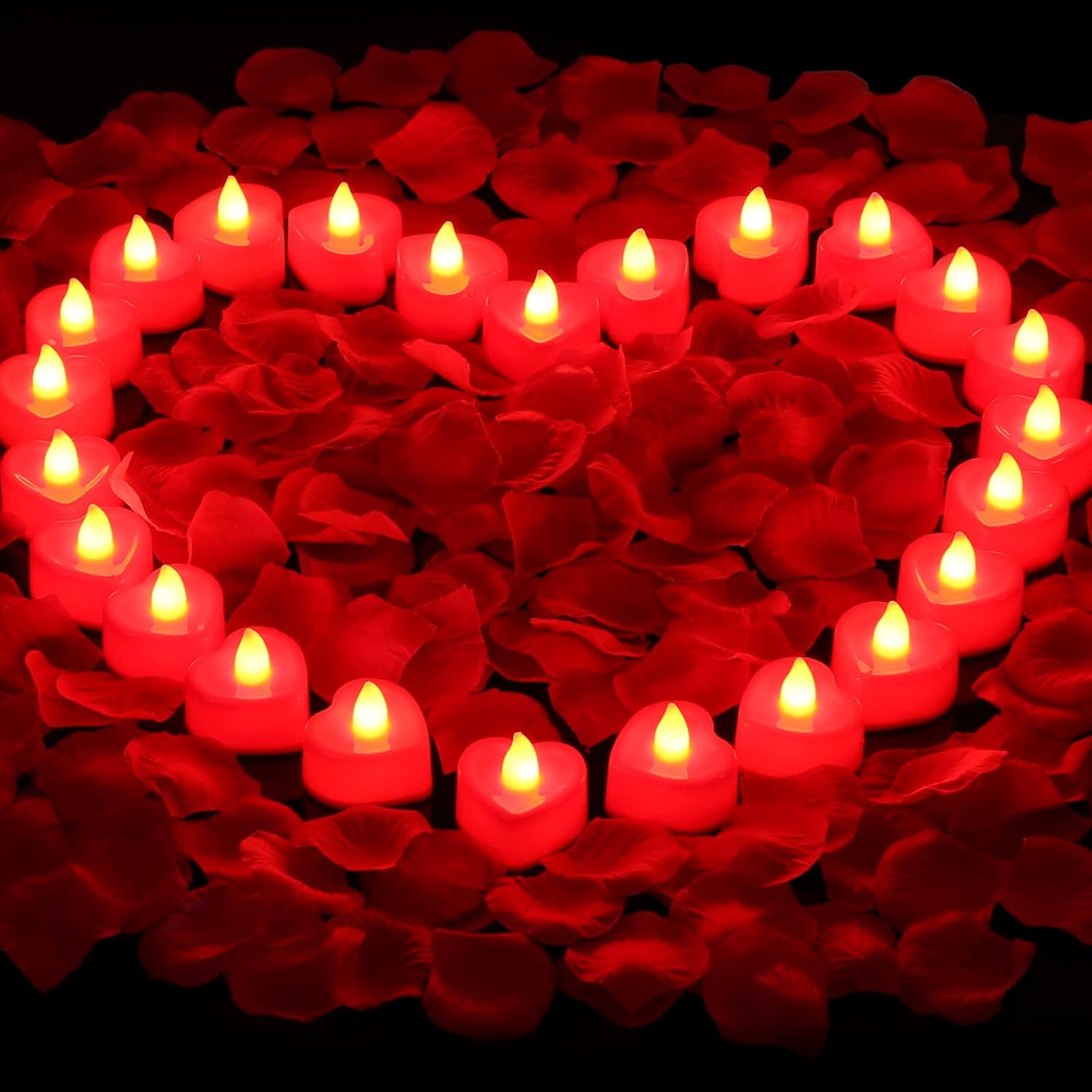 cridoz Red Rose Petals for Romantic Night for him Set, 2000 Pieces Artificial Rose Petals with 24 Pieces Red Flameless LED Candles for Decoration Wedding Party Valentine' Day(Red)