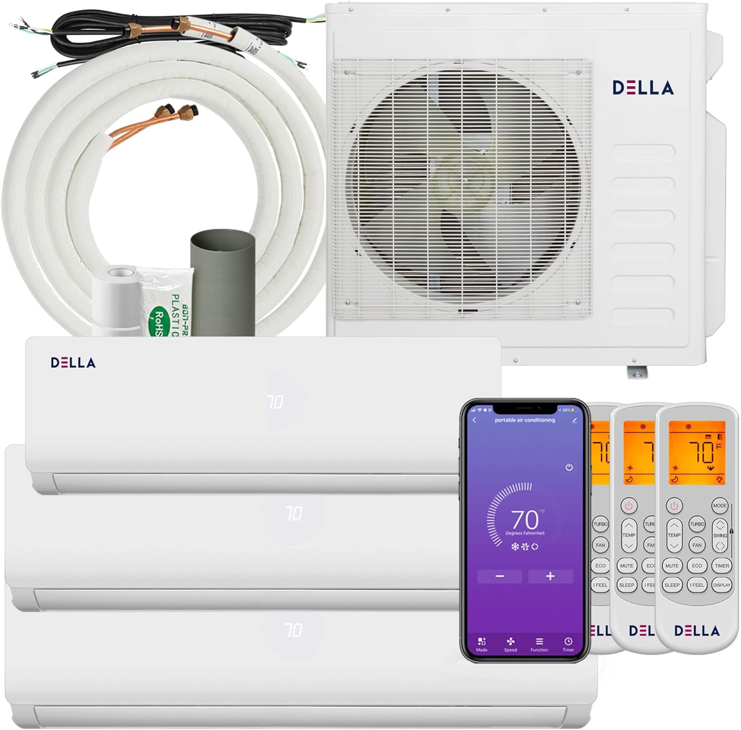 Della 36K BTU ODU Tri 3 Zone 12K 18K 18K BTU 19 SEER2 208-230V Cools Up to 2550 Sq.Ft, Works with Alexa, Wifi Energy Efficient Multi Zone Mini Split Air Conditioner Pre-Charged Heat Pump Full Set