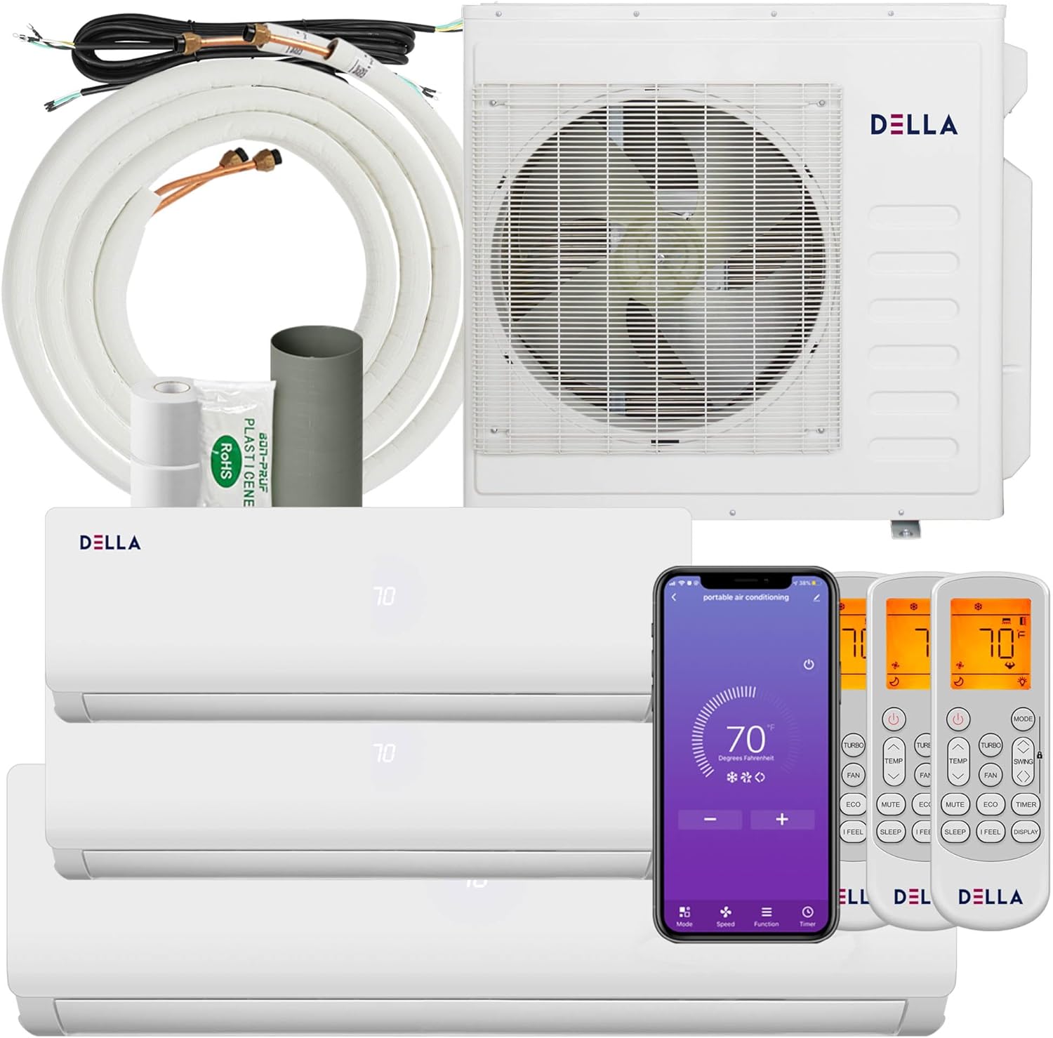 Della 36K BTU ODU Tri 3 Zone 9K 9K 24K BTU 19 SEER2 208-230V Cools Up to 2300 Sq.Ft, Works with Alexa, Wifi Energy Efficient Multi Zone Mini Split Air Conditioner Pre-Charged Heat Pump Full Set