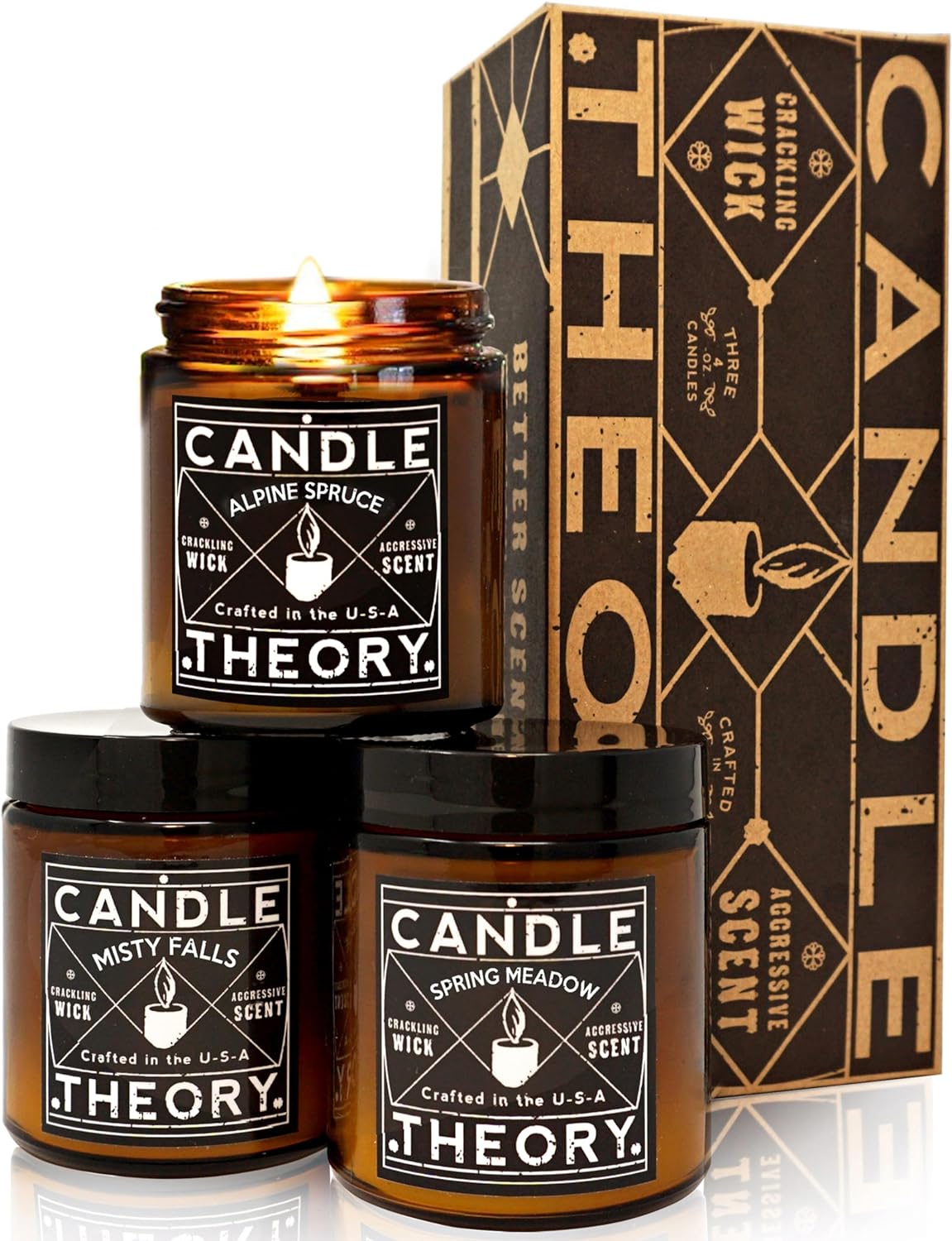 Scented Candle Gift Set with Crackling Wood Wicks 3, 4oz Candles, Misty Falls, Alpine Spruce, Spring Meadow - Designed for Both Men Women, Man Cave Decor Wood Wicks Candle Wood Wick Candles for Home