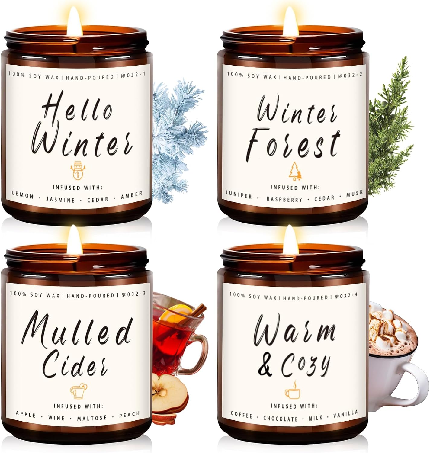 Winter Candle Set | Holiday Candle Winter Scented Candles- Hello Winter/Winter Forest/Mulled Cider/Warm Cozy, Soy Scented Candles for Home - Winter Holiday Gifts for Women