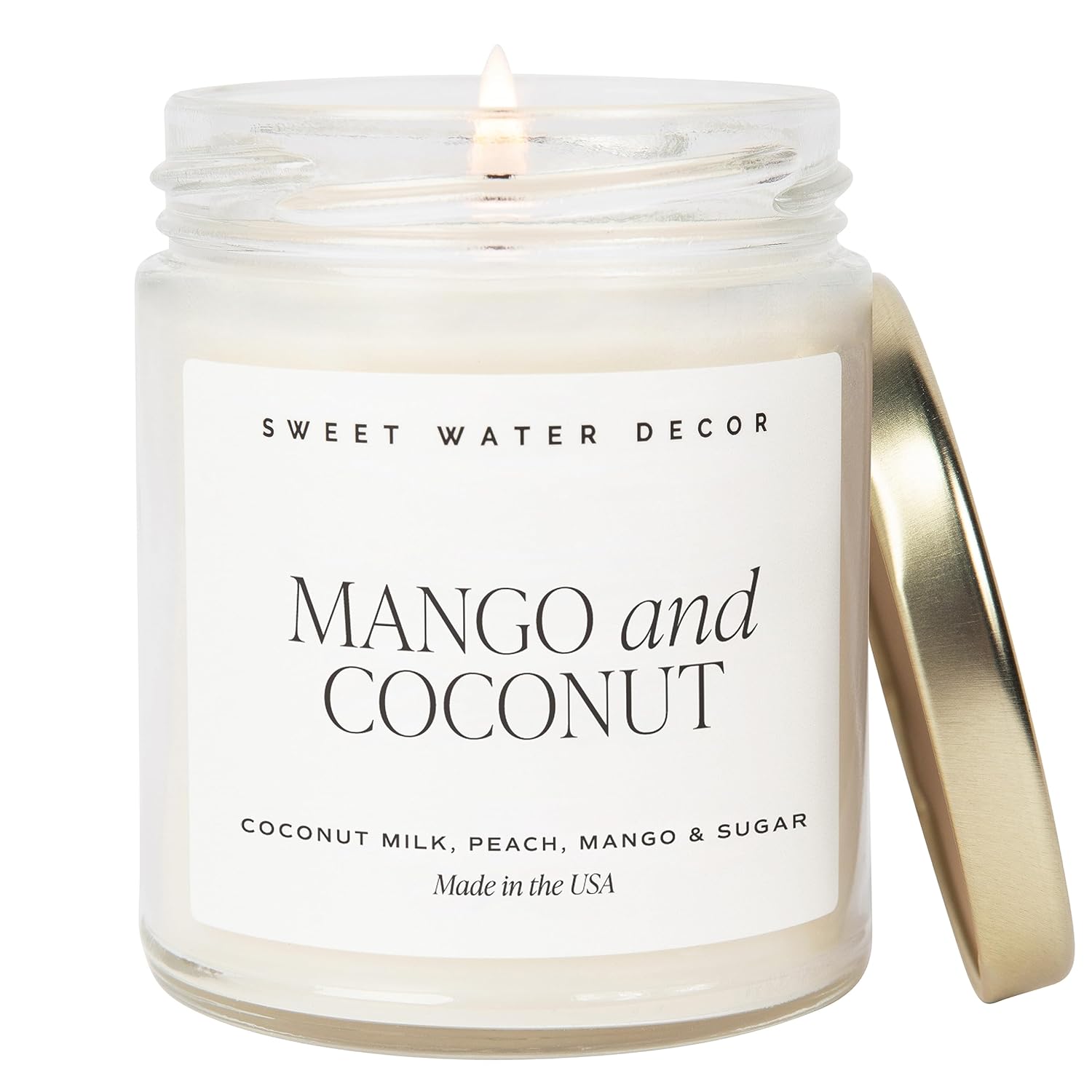Sweet Water Decor Mango & Coconut Soy Candle - Pineapple, Mango and Orange Scented Summer Candles for Home - 9oz Clear Jar + Gold Lid, 40+ Hour Burn Time, Made in the USA