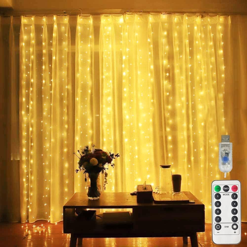 Honche Led Curtain Lights 300 LED 8 Modes USB with Remote for Home Room Bedroom Wedding Party Christmas Window Wall Decorations Room Decor (Warm White)