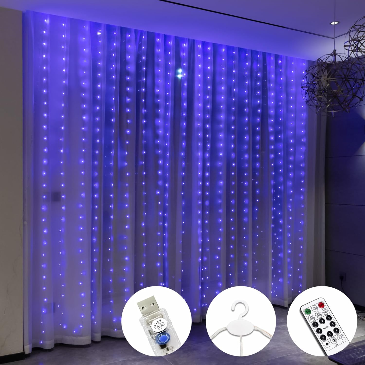 Blue Pixie Curtain Light, 9.8ft x 9.8ft Untangled Copper Wire String Lights, USB Powered Hanging Window Fairy Lights, 8 Lighting Modes, Remote Control for Home Christmas Wedding Party
