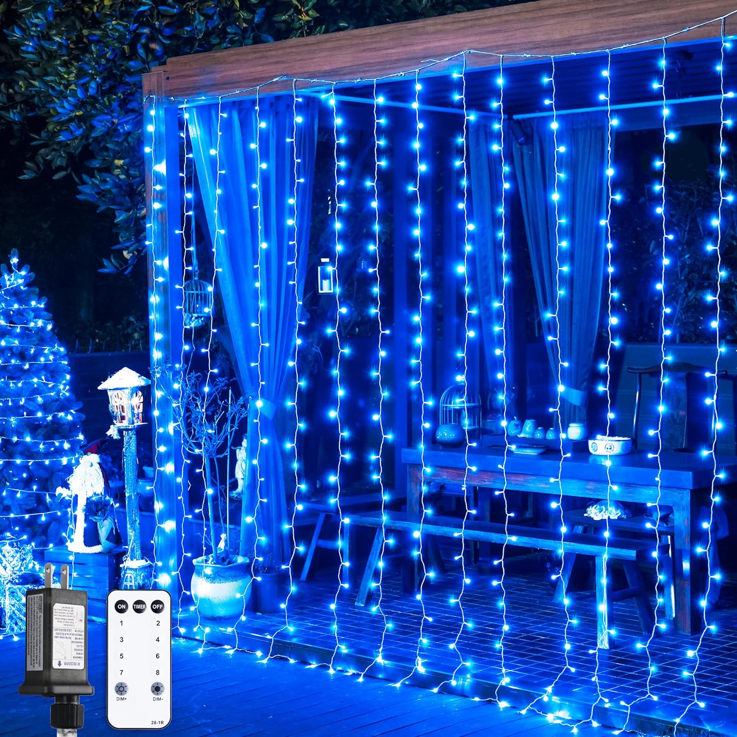 JMEXSUSS 300LED Blue Curtain Lights, Christmas Curtain Hanging Lights with Remote, Blue String Lights for Wall Window Backdrop Garden Christmas Indoor Outdoor Decorations