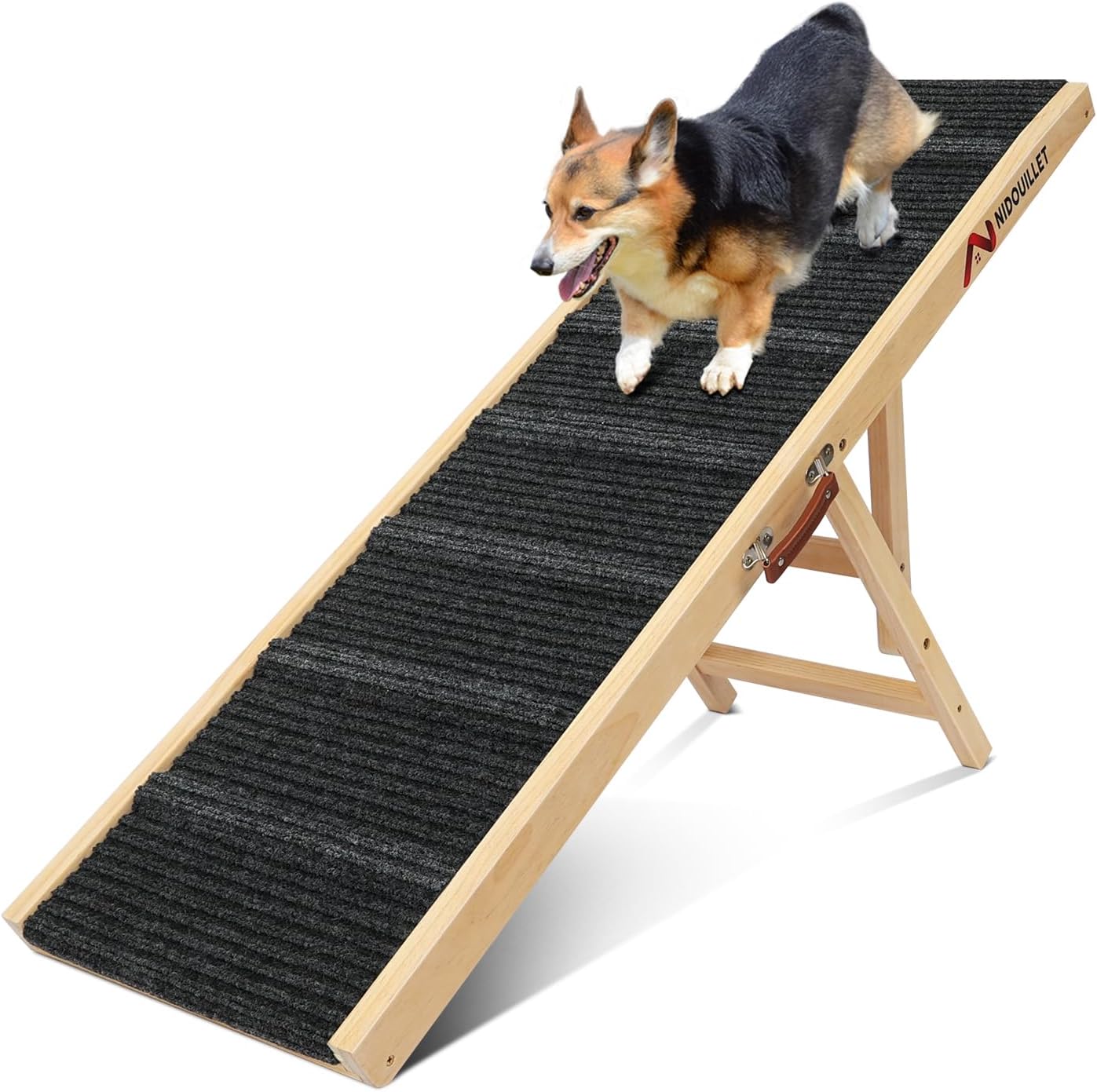 Nidouillet Dog Ramp for Bed, 47.2 Long Wooden Foldable Dog Ramp, 6 Adjustable Heights from 15.7 to 27.6 with Anti-Slip Traction Mat, Portable Pet Ramp for Car, Bed, Couch, Max 200lbs - 47.2inch