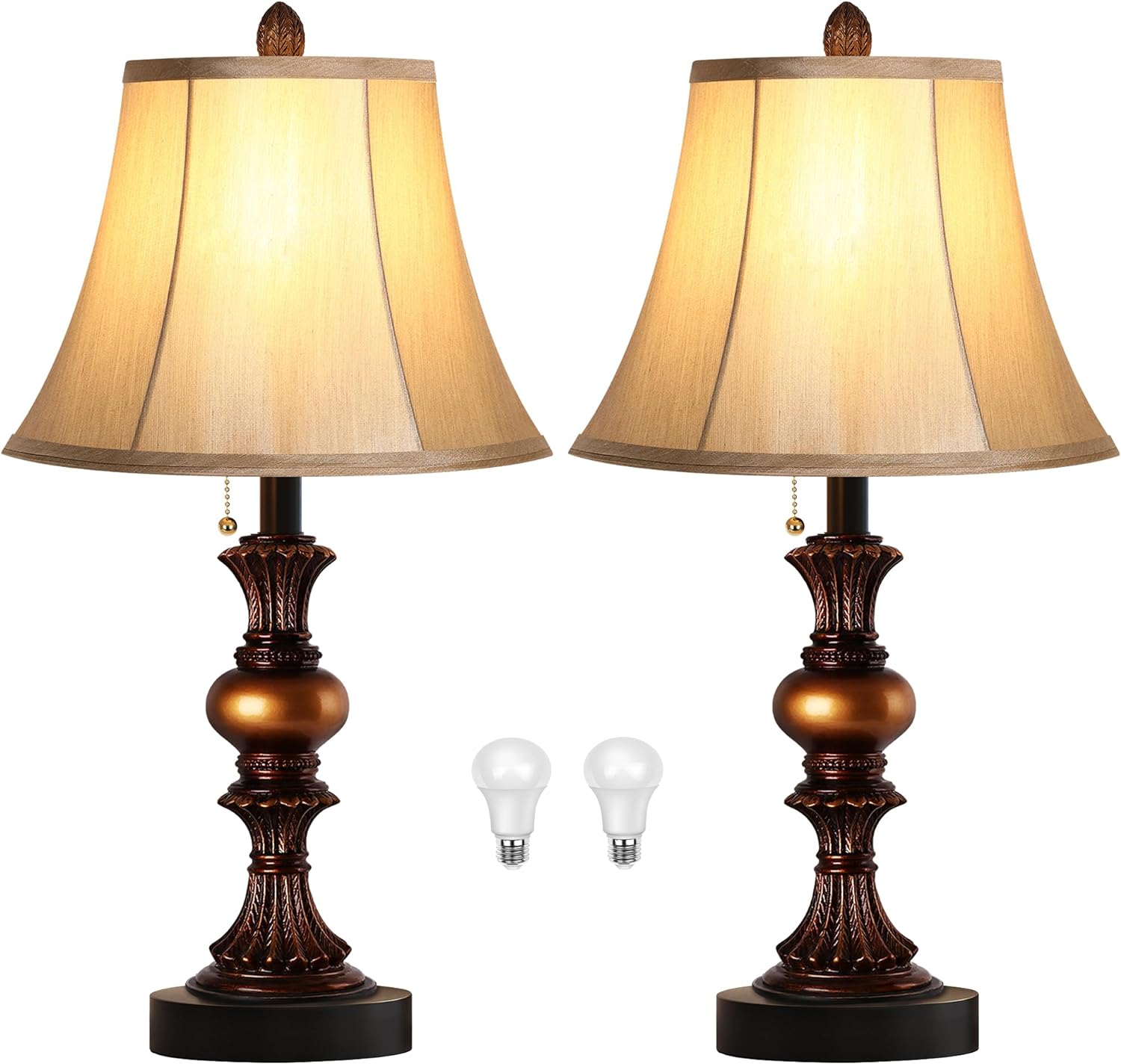 Traditional Table Lamp Set of 2, Classic Bedside Lamps Nightstand Lamps with 3-Color Temperature LED Bulbs, Vintage Bronze Desk Lamps with Faux Silk Shade for Living Room Bedroom, Pull Chain Switch