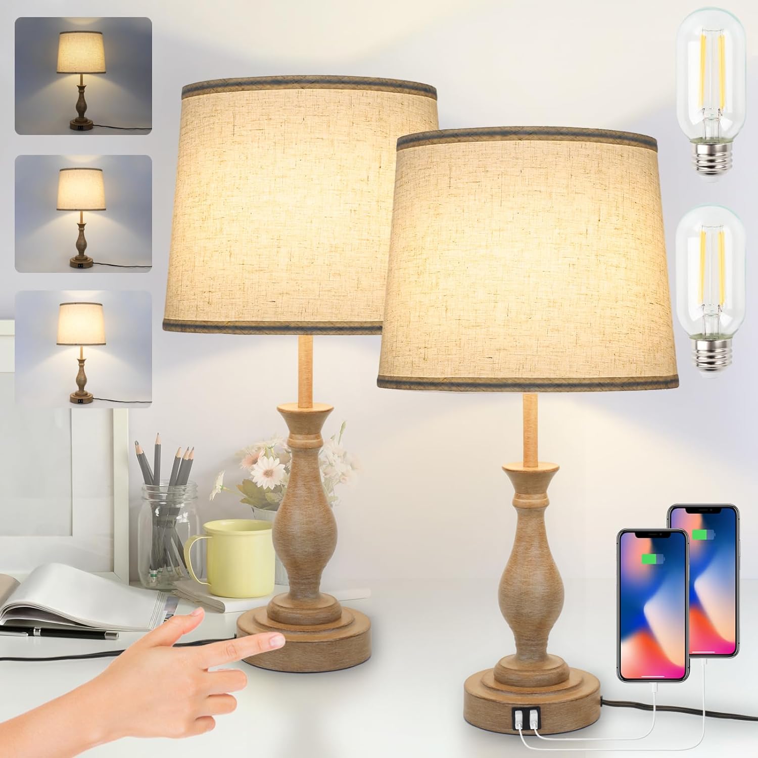Touch Lamps for Bedrooms Set of 2, Farmhouse Table Lamp with Dual USB Charging Ports, 3 Way Dimmable Nightstand Lamps with Linen Fabric Lampshade for Bedroom, Living Room (Pack2-01A)