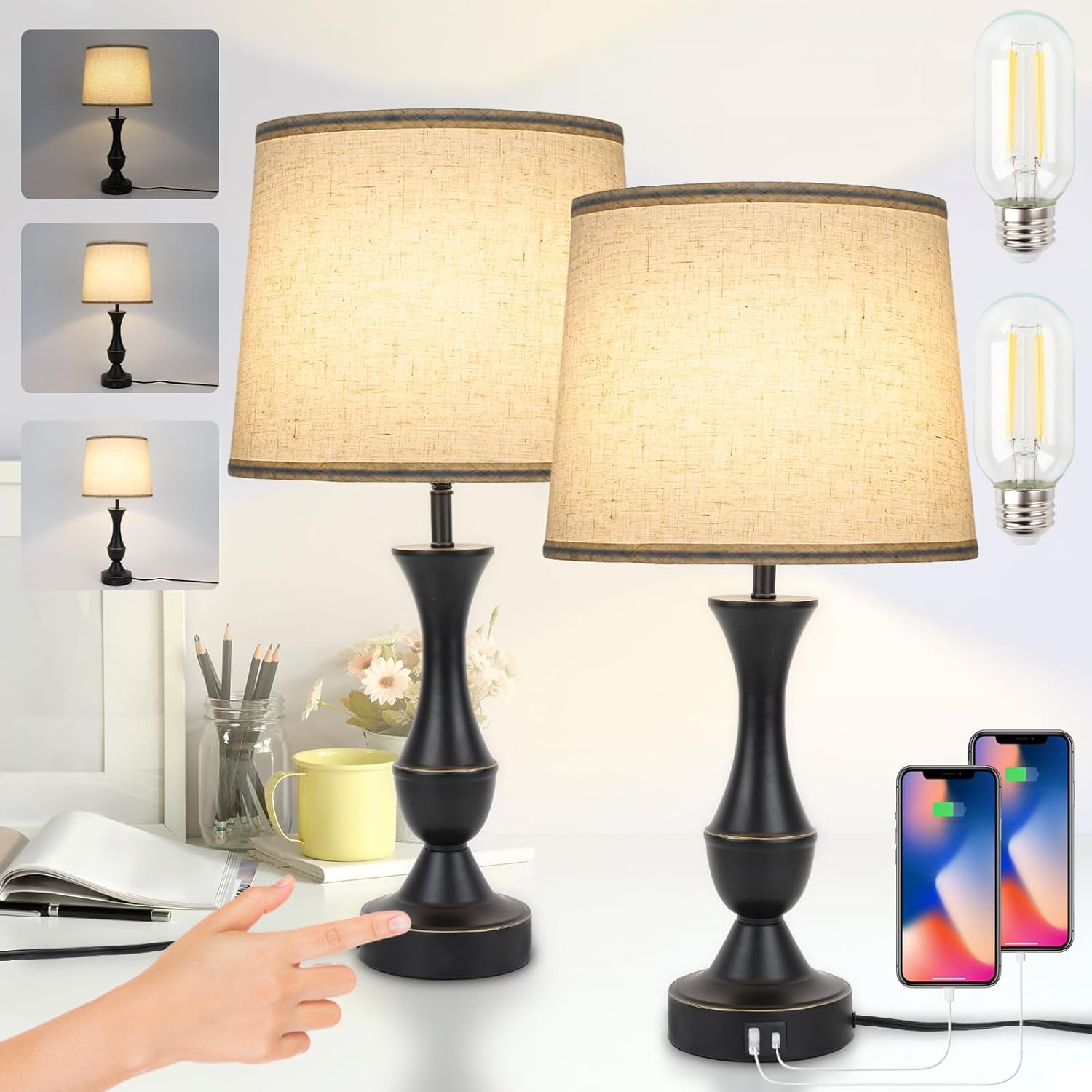 Touch Lamps for Bedrooms Set of 2, Farmhouse Table Lamp with USB C Charging Port, 3 Way Dimmable Nightstand Lamps with Linen Fabric Lampshade for Bedroom, Living Room (Pack2-Black)