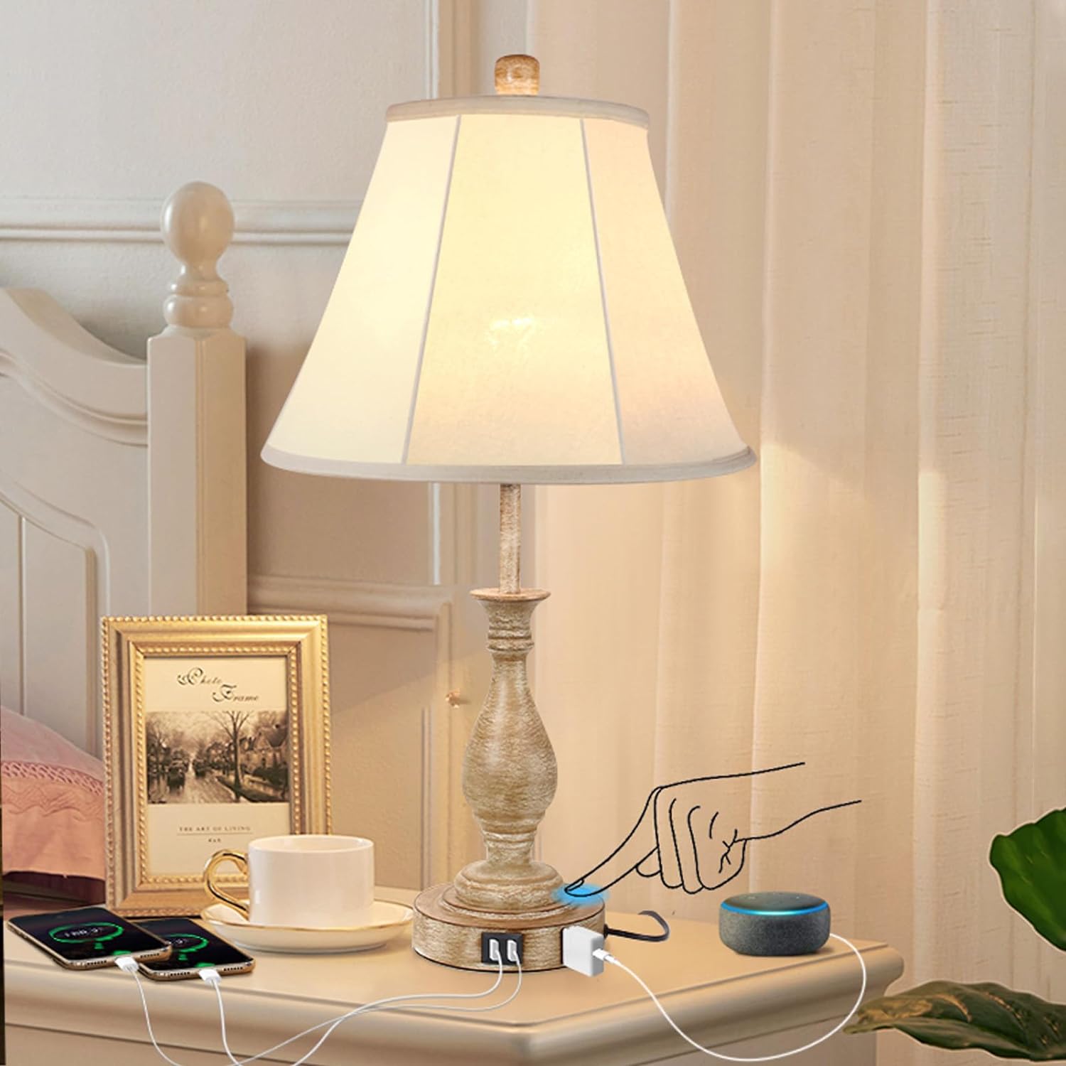 Farmhouse Table Lamp Touch Control 3-Way Dimmable, Modern Nightstand Lamp with 2 USB Port Bedside Desk Lamp with Fabric Shade for Living Room Bedroom Hotel (Pack-01)