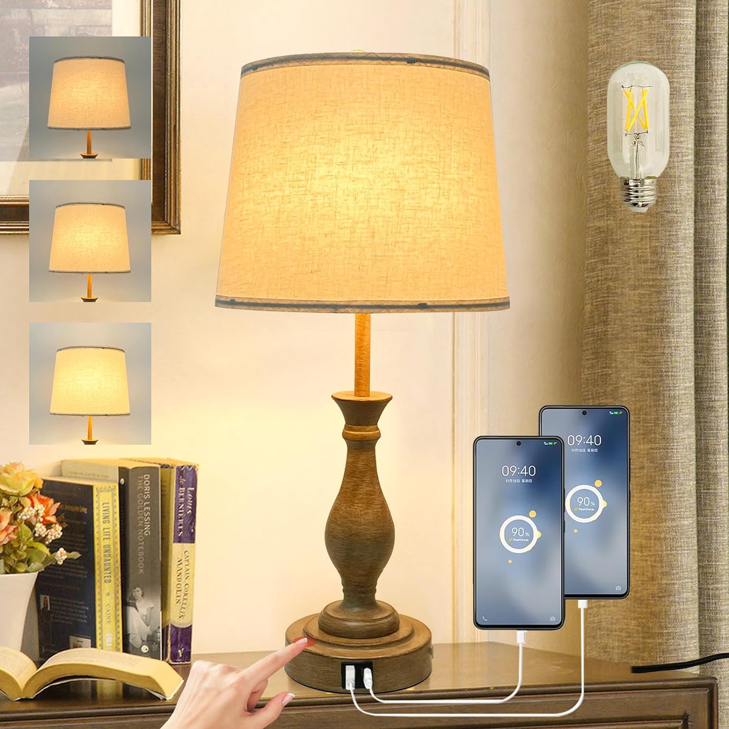 Farmhouse Table Lamp Touch Control 3-Way Dimmable Table Lamp, Modern Nightstand Lamp with 2 USB Port Bedside Desk Lamp with Fabric Shade for Living Room Bedroom Hotel (Pack-01A)