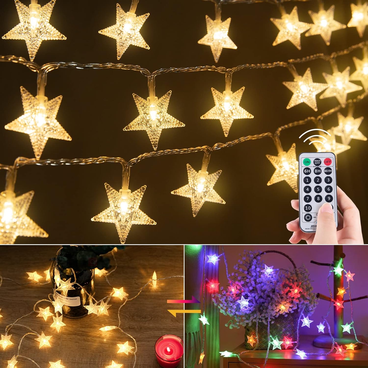 Minetom Star String Lights Plug in - 33 ft 100 LED Star Fairy String Lights with Remote and Timer, Waterproof for Bedroom Tent Loft Bed Shelf Porch Patio Garden Party Dcor, Warm White + Multicolor