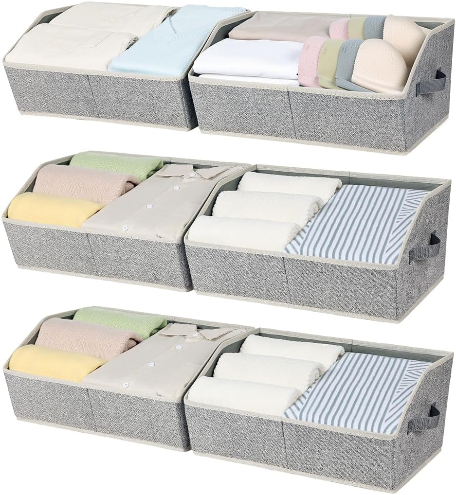 Closet Storage Bins, Storage Bins for Shelves, Trapezoid Storage Bin with Handle, Linen Closet Organizers and Storage for Clothes, Toys, Books (6 Pack, Light Grey)