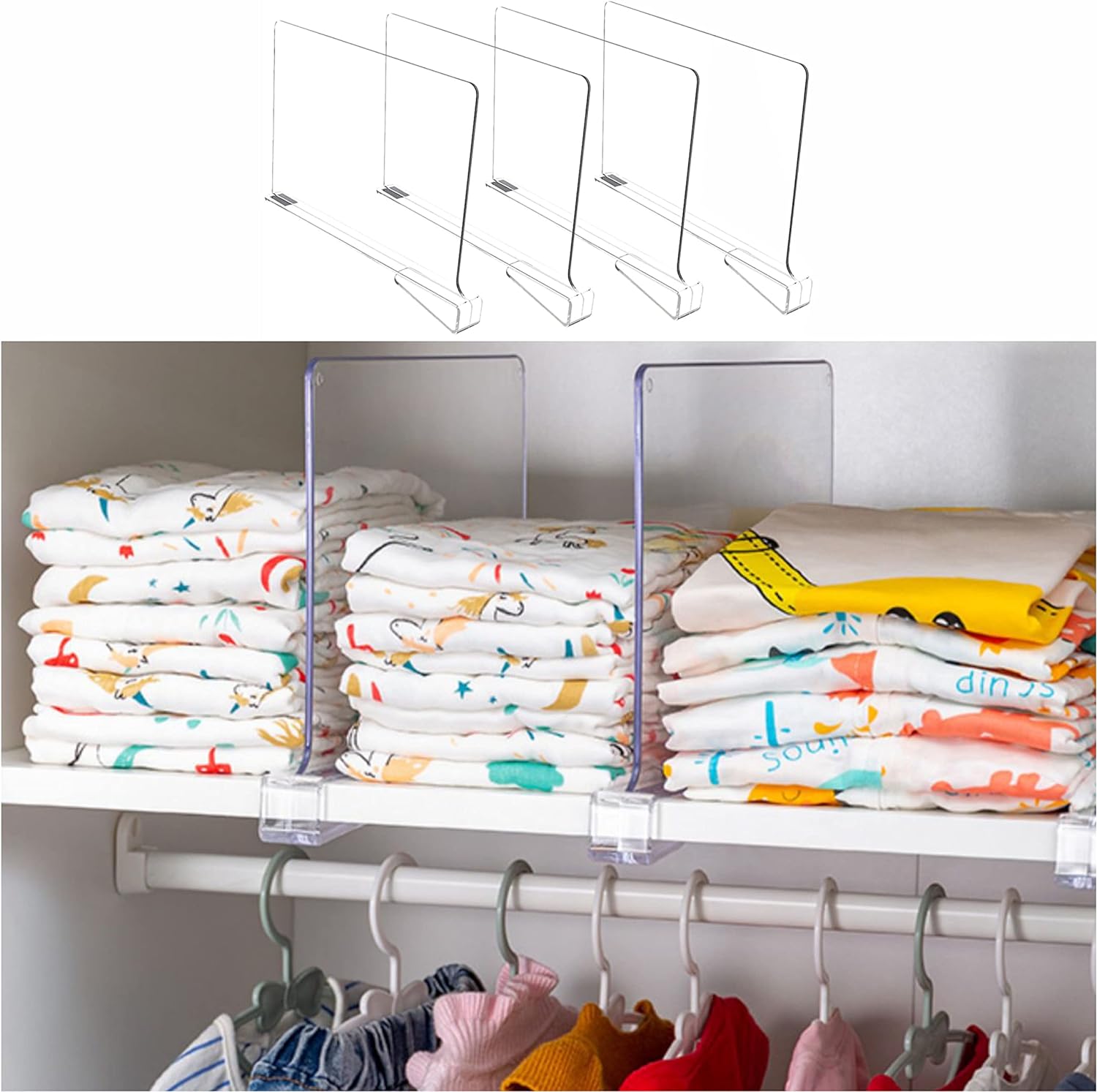 4PCS Shelf Dividers,Clear Closets Shelf and Closet Separator for Organization in Bedroom,Kitchen Cabinets Shelf Storage and Office Shelves