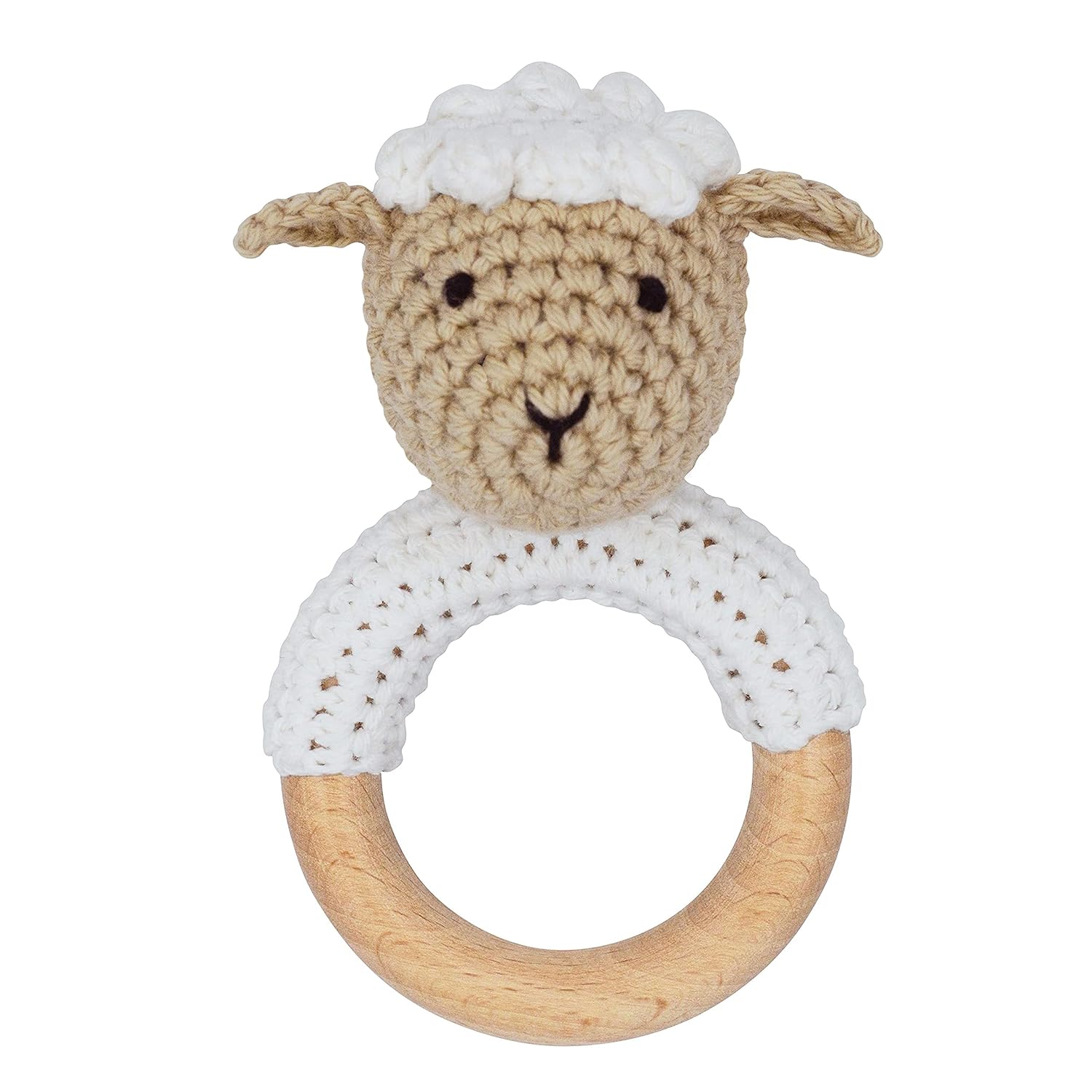 Natural Wooden Baby Rattle Soft Shaker Toy with Teething Ring for Infants Cream Lamb