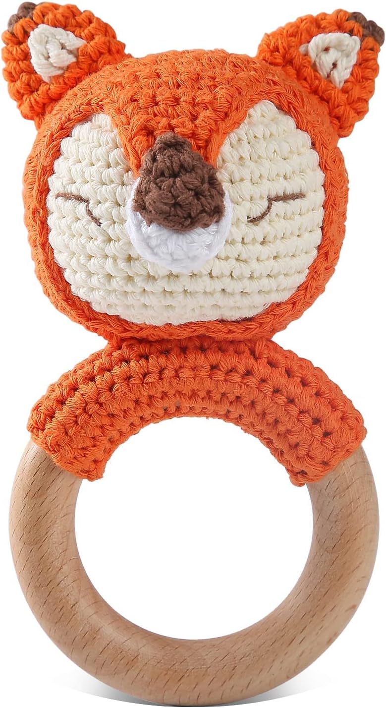 Wooden Baby Rattle Crochet Fox Baby Toys Handmade Newborn Toy Early Development Grips Stuffed Animal Organic Rattle