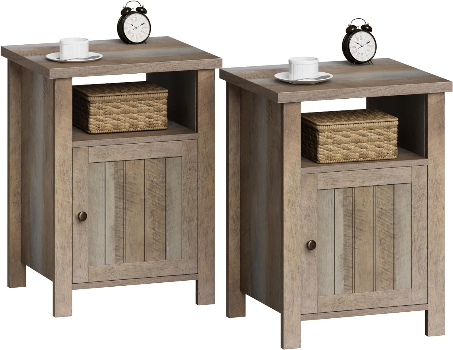 ChooChoo Farmhouse Nightstands Set of 2, Rustic Vintage End Side Table with Storage for Bedroom Living Room, White Oak