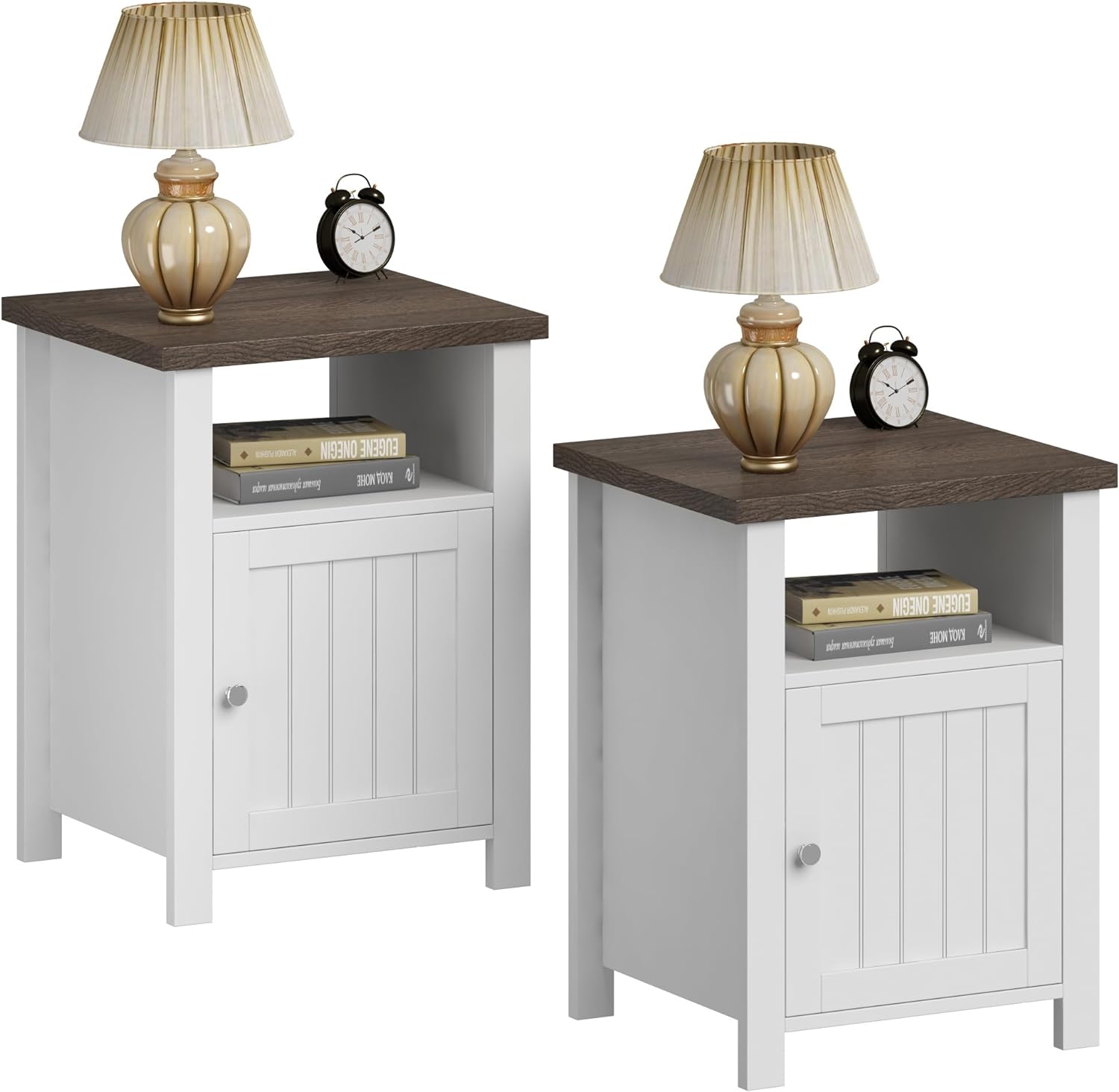 ChooChoo Farmhouse Nightstands Set of 2, Rustic Vintage End Side Table with Storage for Bedroom Living Room, White