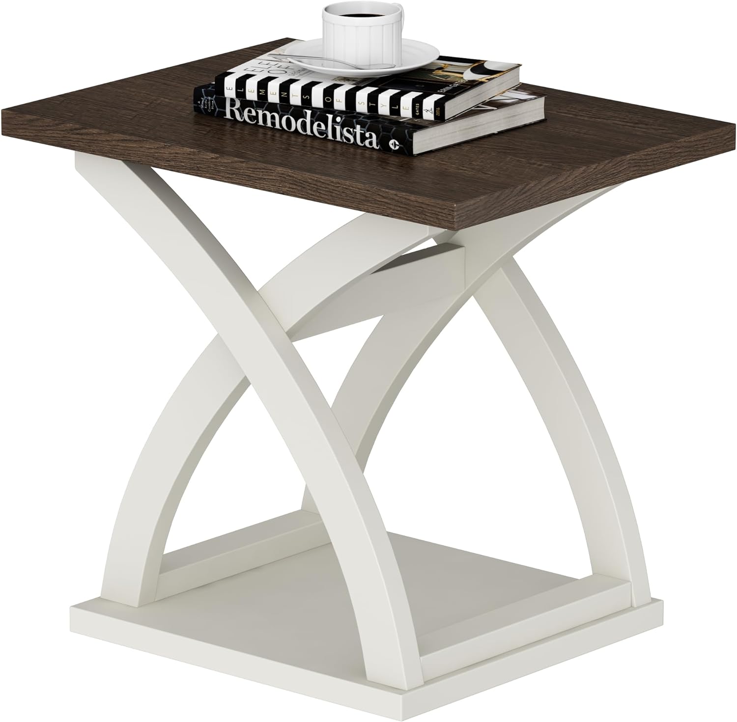 ChooChoo Farmhouse End Table, Modern End Table with Storage Shelf, X-Design Side Table Living Room (White and Brown)