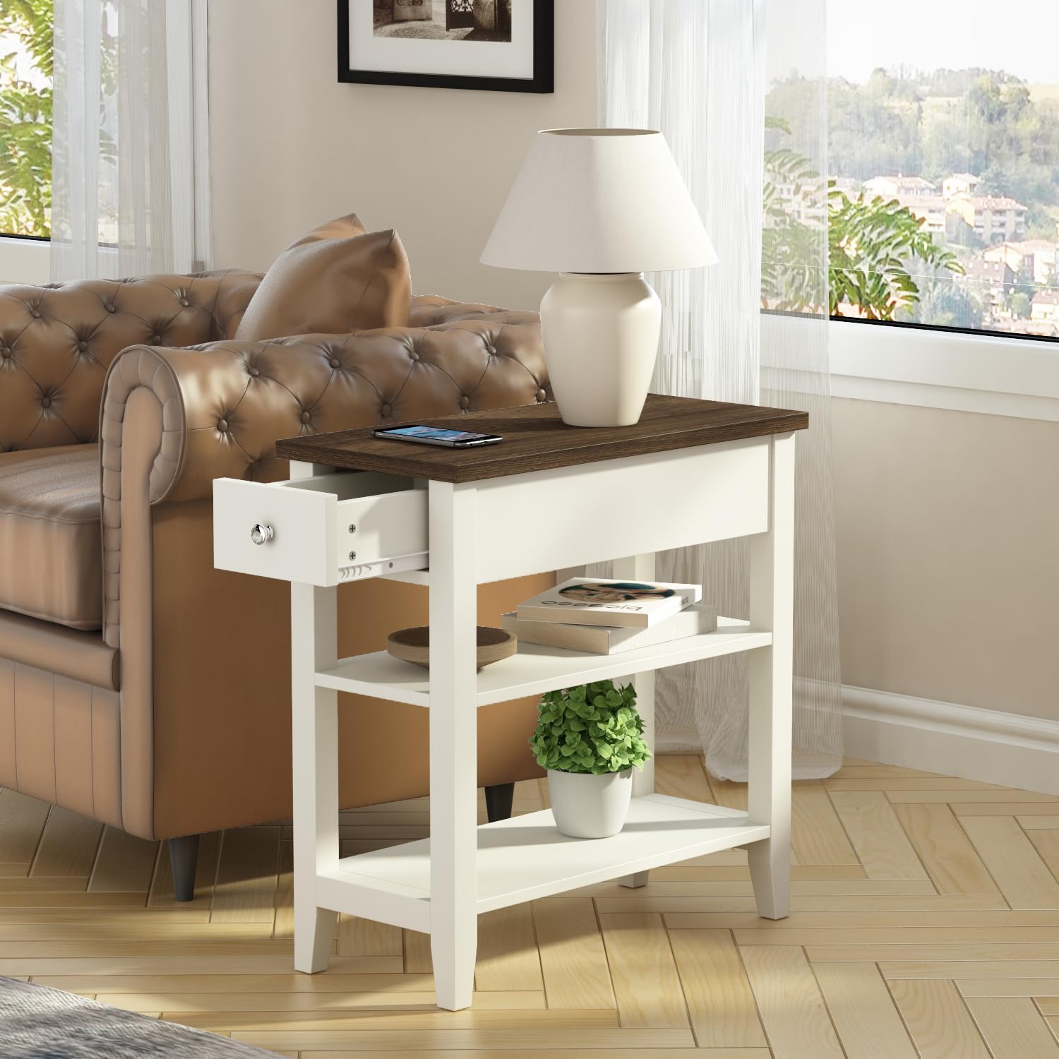 ChooChoo Side Table Living Room, Narrow End Table with Drawer and Shelf, 3-Tier Sofa End Table for Small Space, White and Brown