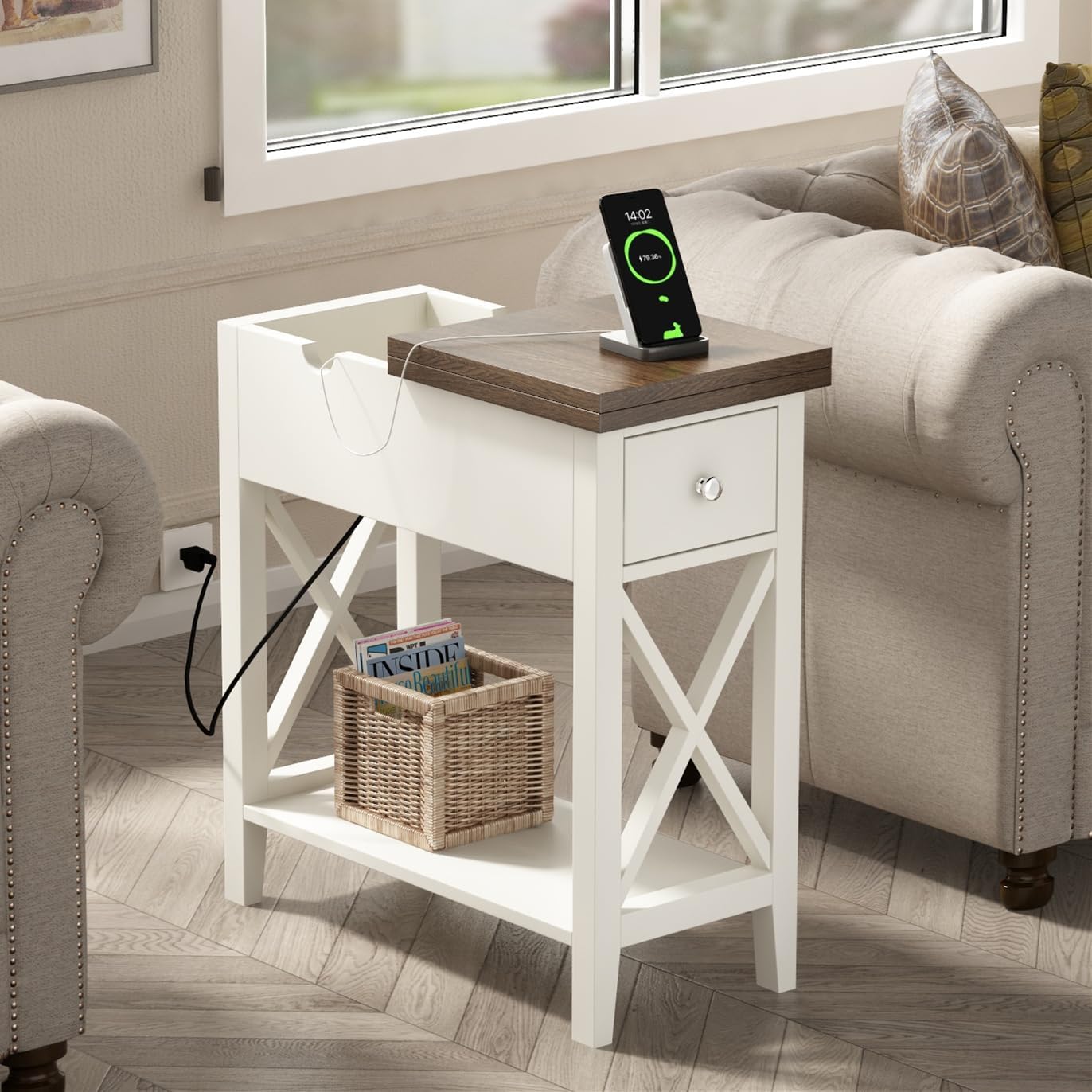 ChooChoo Farmhouse End Table with Charging Station, Accent Small Side Table Nightstand for Living Room, Bedroom, and Small Spaces - Soft White