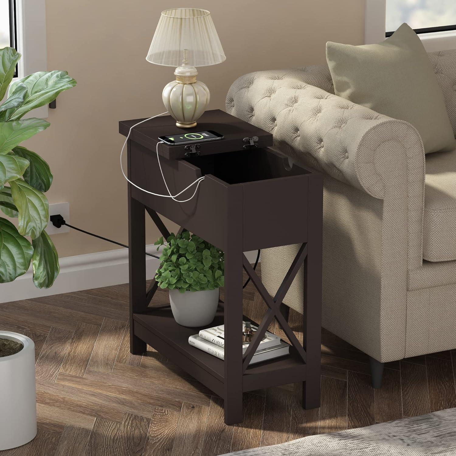 ChooChoo End Table with Charging Station, Narrow Flip Top Side Table with USB Ports & Power Outlets for Small Spaces, Bedside Table with Storage, Nightstand Sofa Table Living Room, Bedroom Espresso