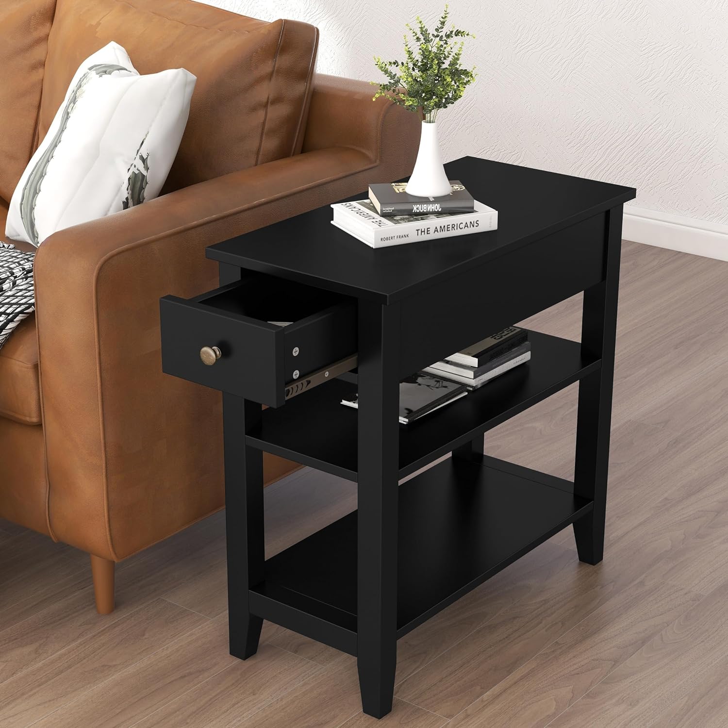 ChooChoo Side Table Living Room, Narrow End Table with Drawer and Shelf, 3-Tier Sofa End Table for Small Space, Black