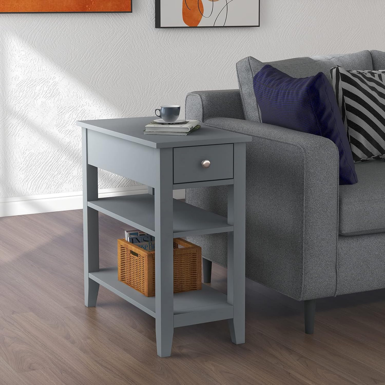 ChooChoo Side Table Living Room, Narrow End Table with Drawer and Shelf, 3-Tier Sofa End Table for Small Space, Gray