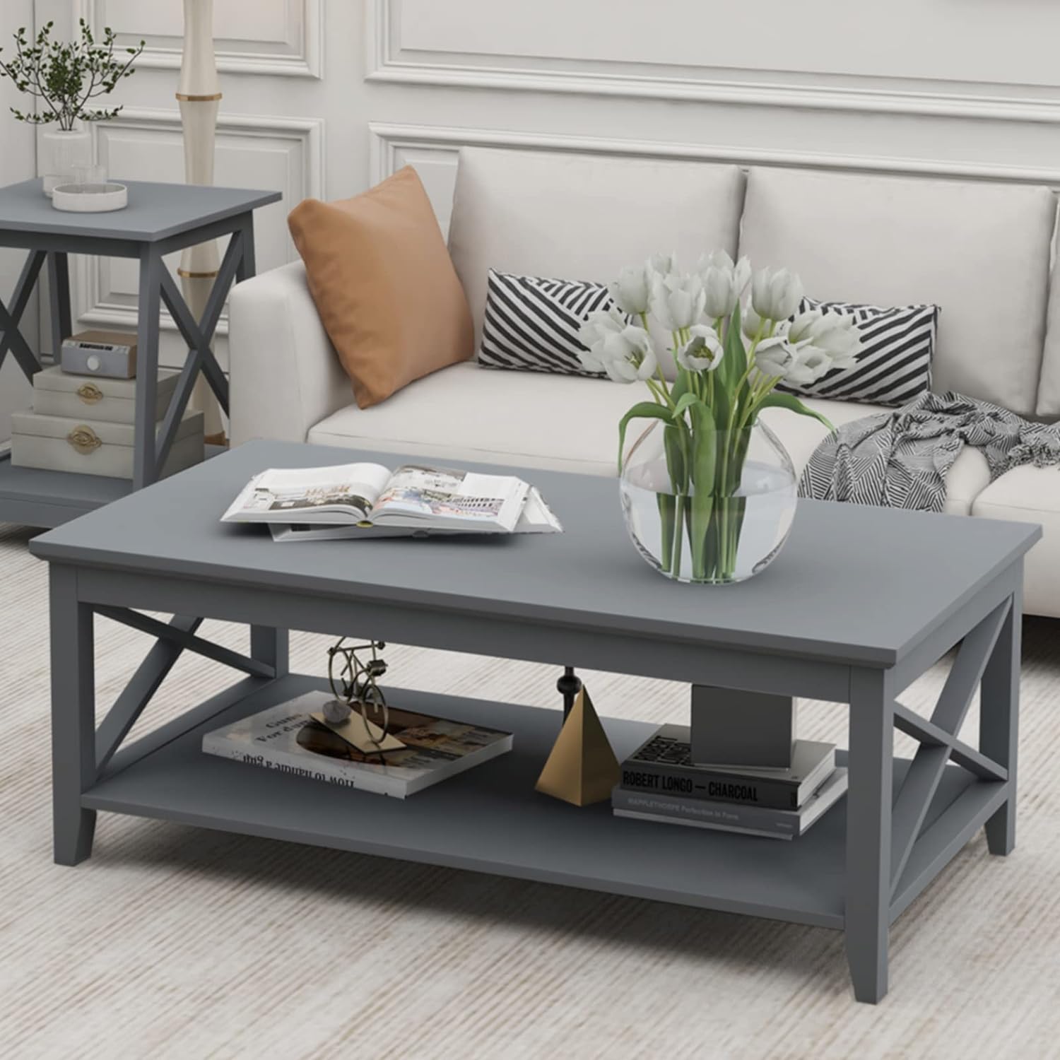 ChooChoo Coffee Table Classic X Design for Living Room, Rectangular Modern Cocktail Table with Storage Shelf, 39 Inch (Grey)