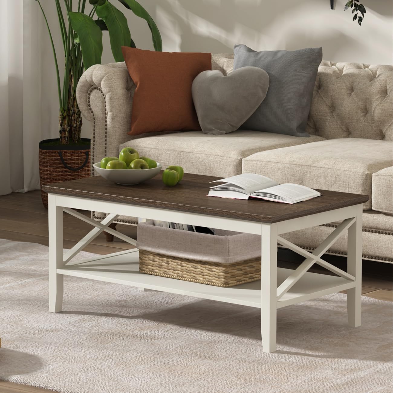 ChooChoo Oxford Coffee Table, Wooden Coffee Table with Thicker Legs, White Coffee Table with Storage for Living Room