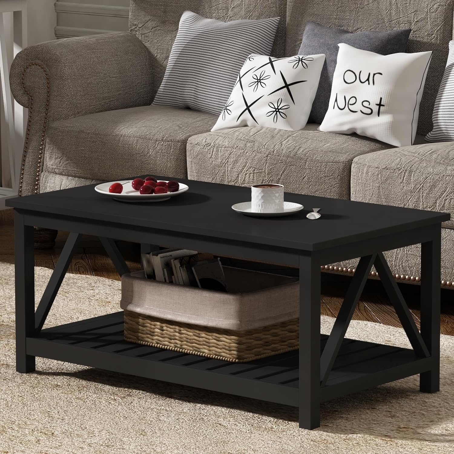 ChooChoo Coffee Table, Rustic Vintage Living Room Table with Shelf, 40 Pure Black