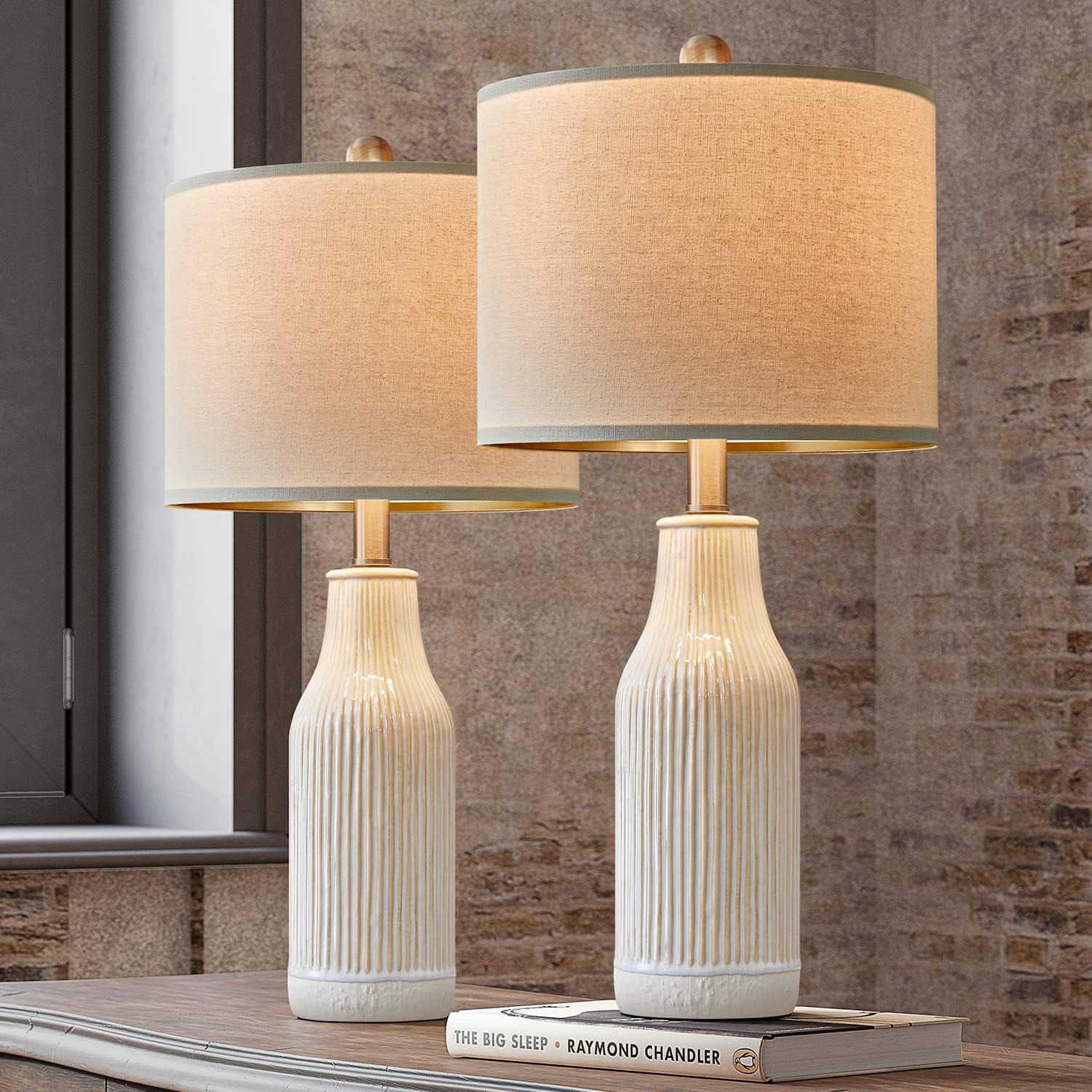 23.25 inches Modern Ceramic Table Lamp Set of 2 for Living Room, Farmhouse Bedside Nightstand Lamp for Bedroom Home Office Dorm