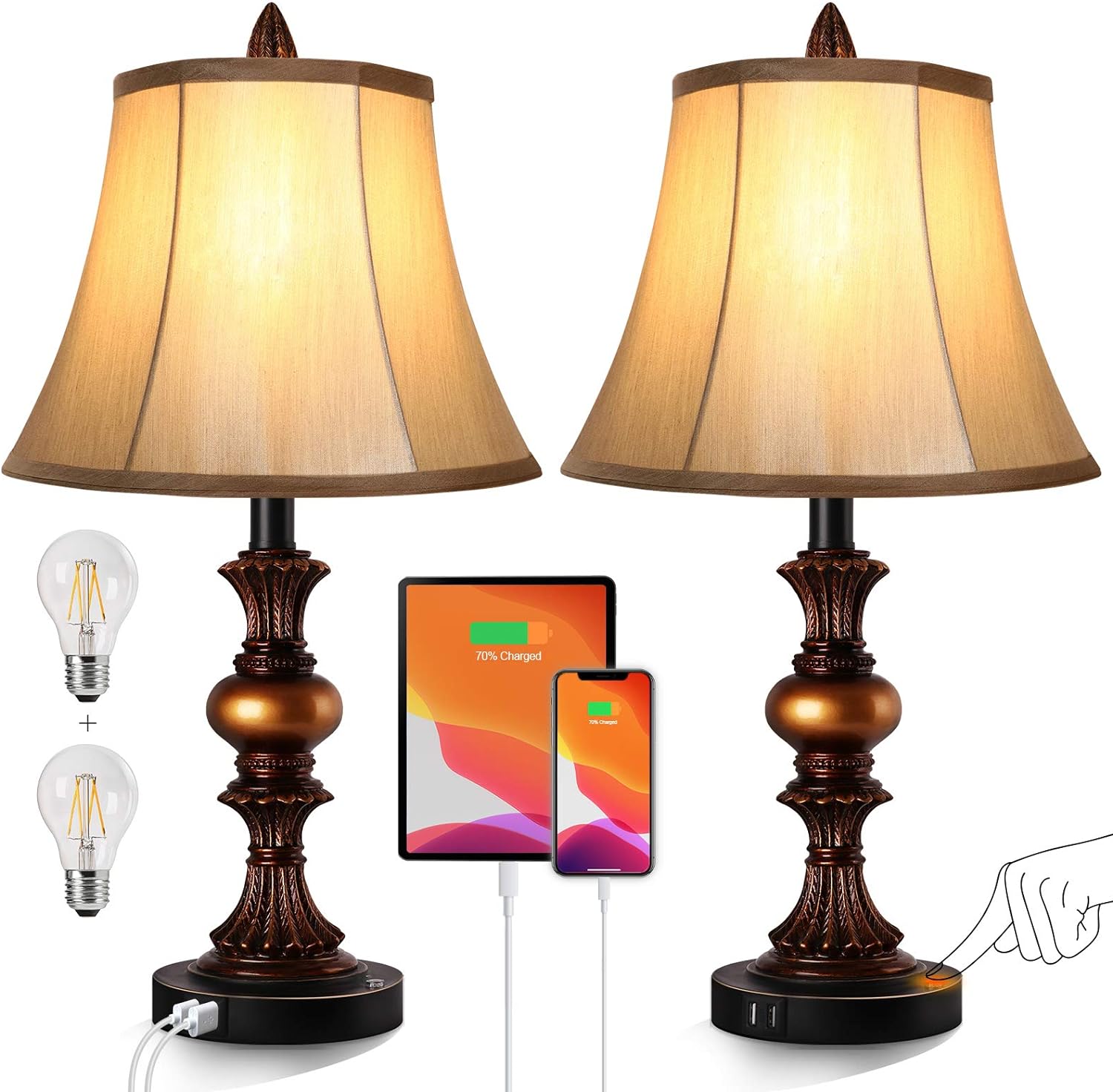 Touch Control Traditional Table Lamp Set of 2, Vintage Bedside Lamps with Dual USB Charging Ports, 3-Way Dimmable Bronze Finish Desk Lamps with Bell Shape Faux Silk Shade for Living Room, Bedroom