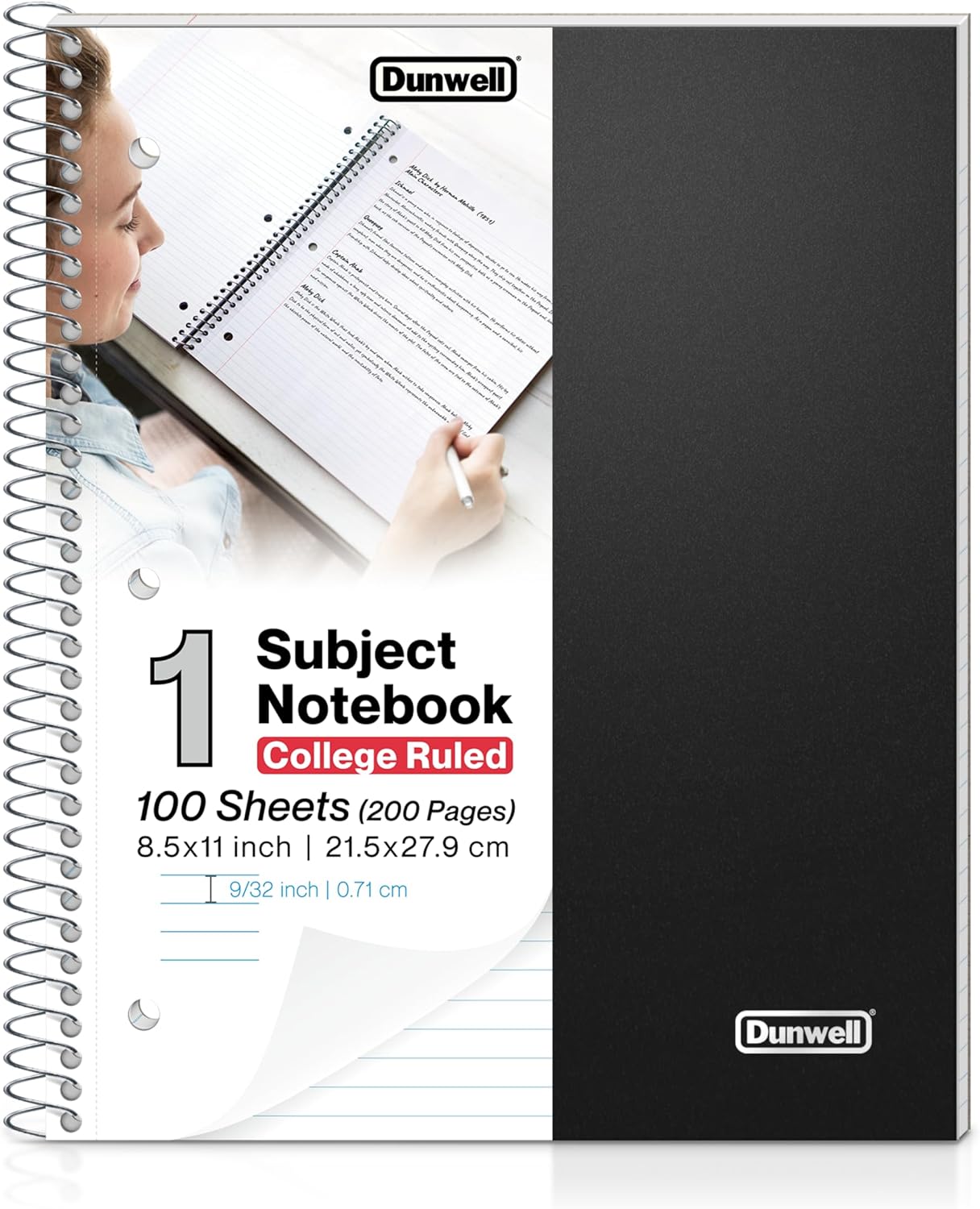 Dunwell 1 Subject Spiral Notebook 8.5 x 11  Black Plastic Cover College Ruled Notebook, 100 Sheets, One Subject Notebook with Perforated Paper, Inner Pockets, Spiral Notebook for School Note Taking