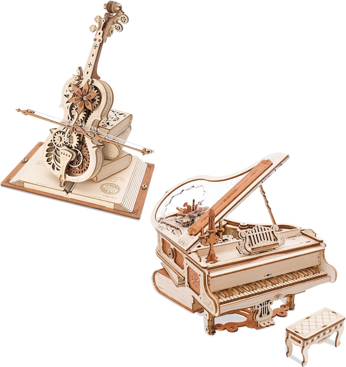 ROKR 3D Puzzles for Adults Cello+Piano Model Kit Wooden Music Box AMK81+AMK63 Building Kit Desk Gift for Men Women Hobby for Adults